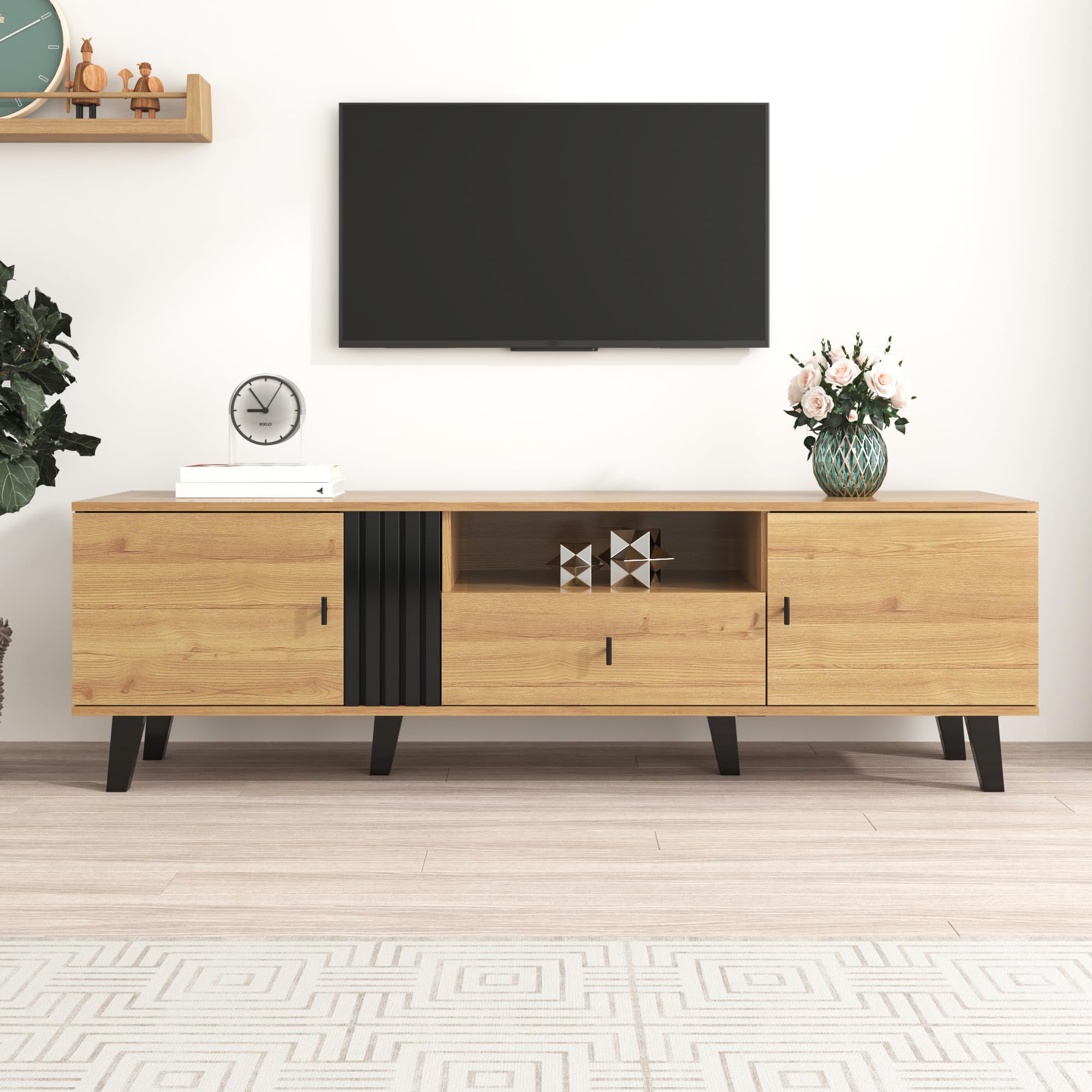 Elegancia elegante: mueble de TV de 170 cm con diseño de madera y negro, mueble de TV, mueble bajo con cajones, múltiples funciones de almacenamiento, aspecto único