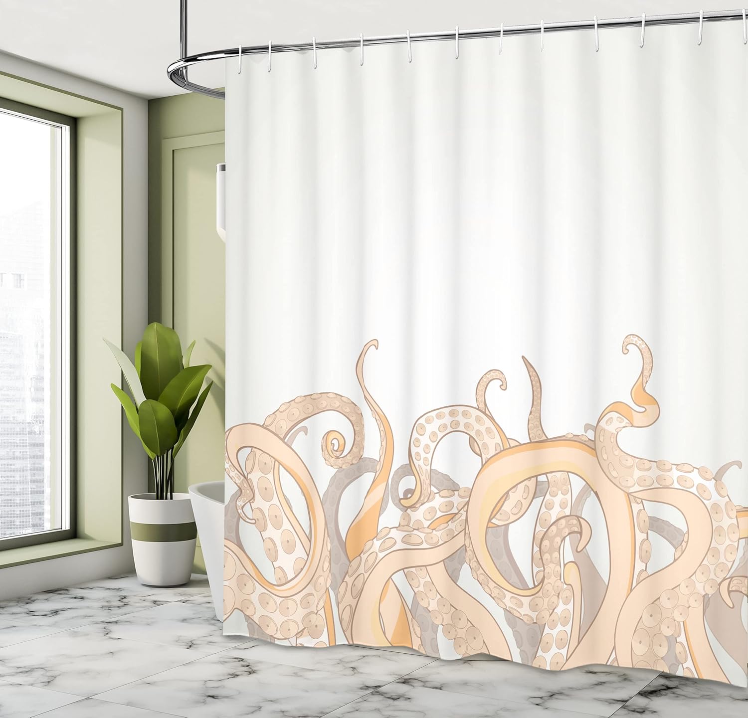 Ambesonne Octopus Shower Curtain, Animal Tentacles Background Underwater Marine Nature and Sea Creatures Nautical, Cloth Fabric Bathroom Decor Set with Hooks, 69" W x 70" L, Pale Peach