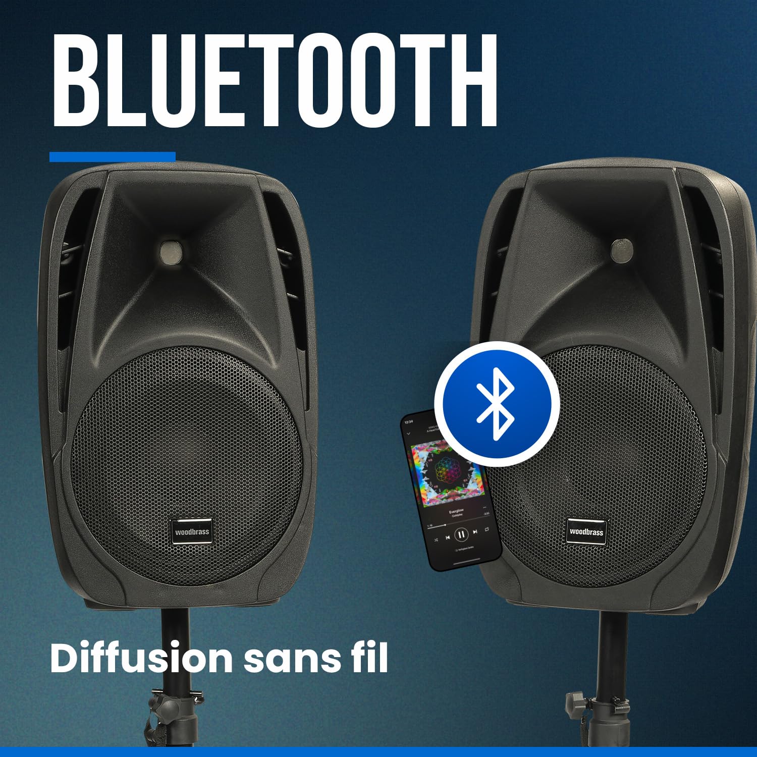 Woodbrass Stage Power 210 Kit Sonorisation Enceintes Puissantes Bluetooth 150W - 96db - Sono Mobile, Robuste, Compacte, Performante, 6 entrées, sans Fil, USB - DJ, Fête, Conférence, Fitness