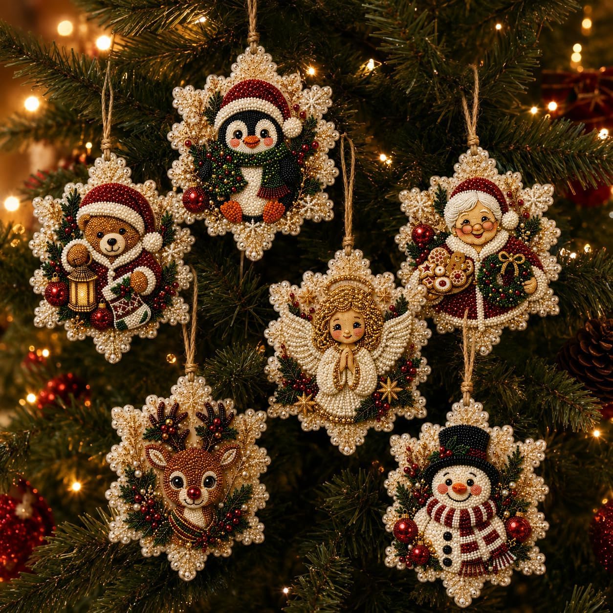 BibHoly 6PCS Christmas Wooden Ornaments DIY Pearl Diamond Painting Kit (#T)