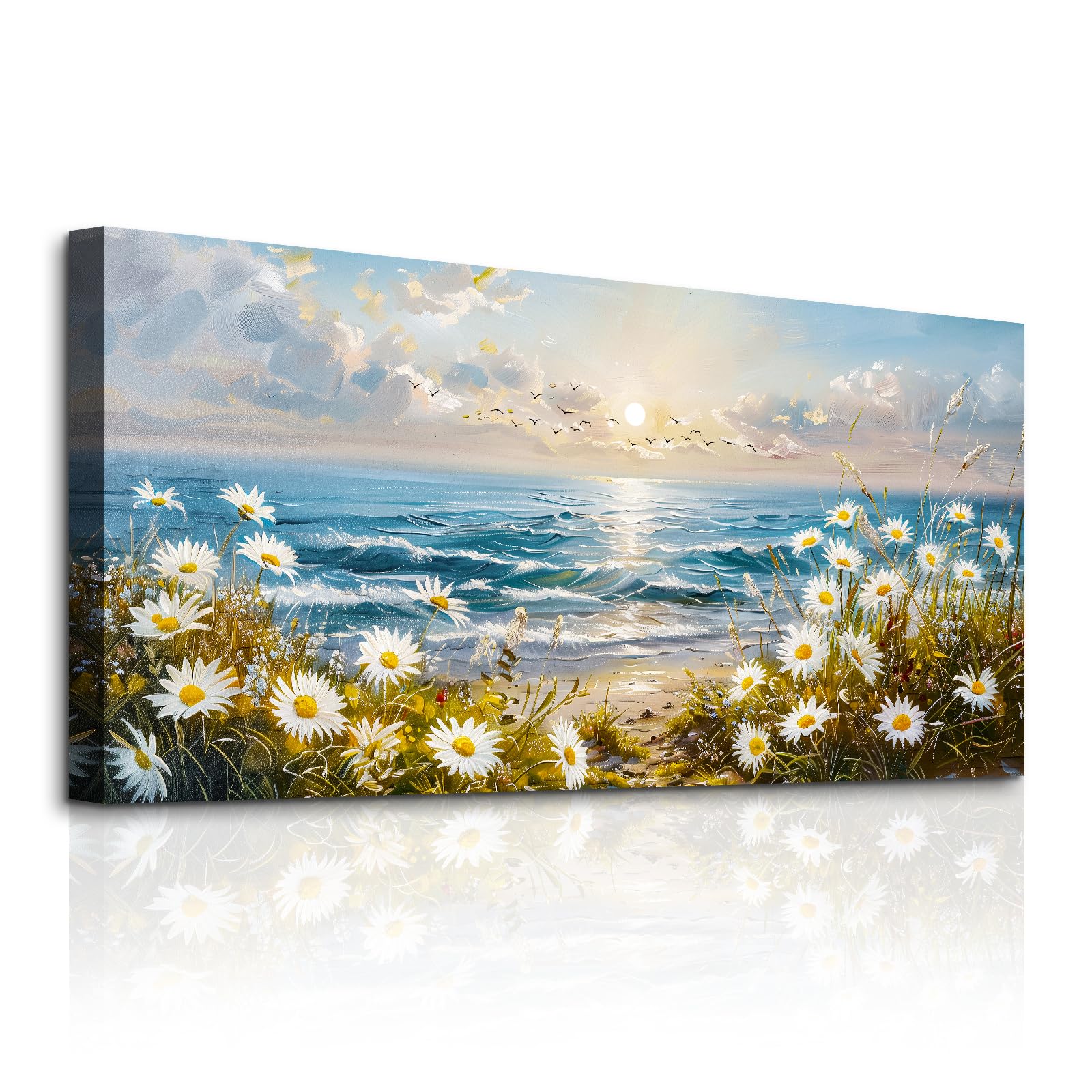 SERIMINO Aesthetic Wandbild Meer Wildblume Bilder Wohnzimmer 59x119 cm | Gänseblümchen Meer Wanddeko Hochauflösender Druck Stabiler Holzrahmen Geschützte Leinwand Einfache Montage Vielseitig Nutzbar
