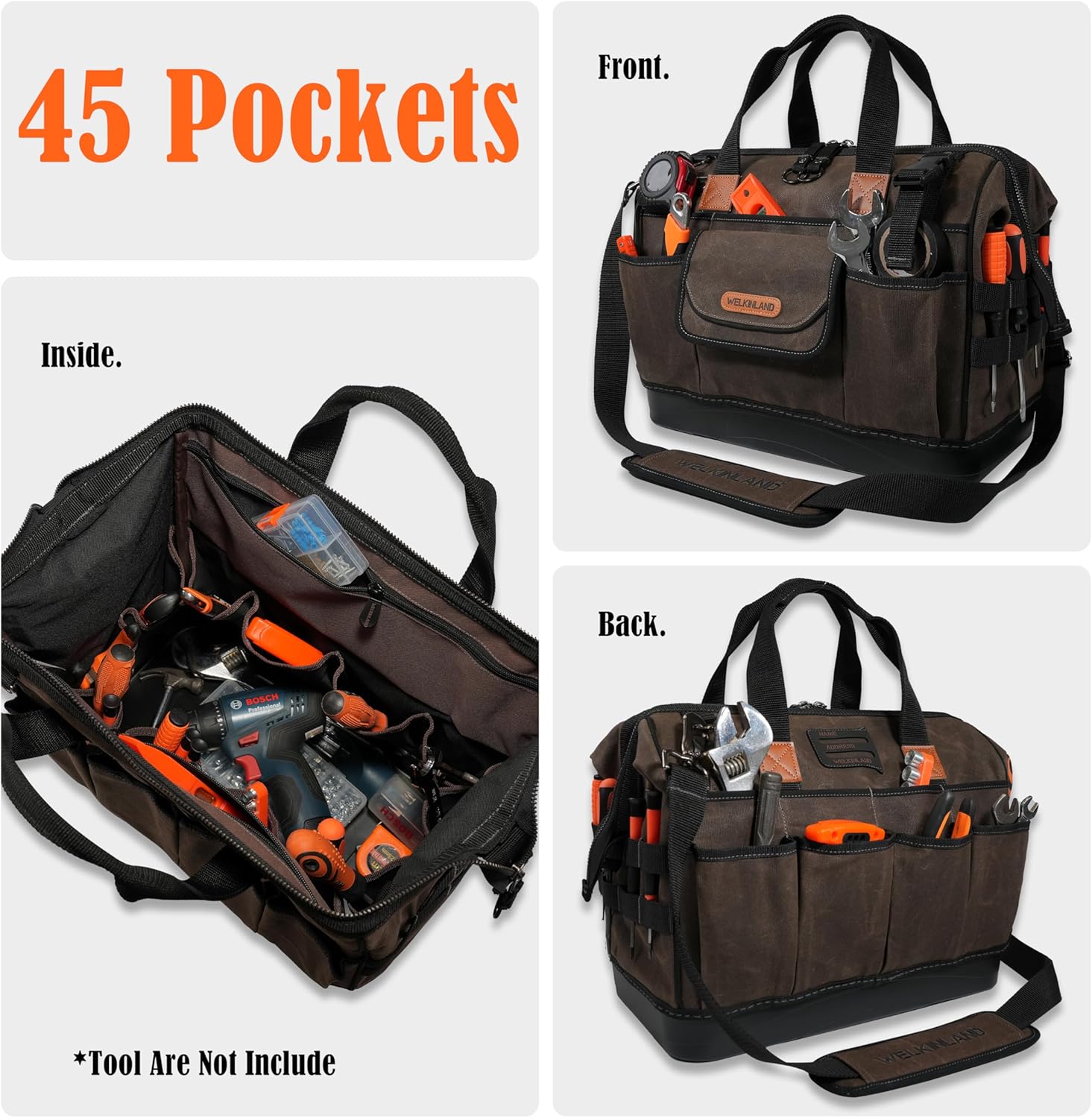 WELKINLAND 45-Pockets Waxed Canvas Tool Bag, 16-Inch Heavy-Duty electrician tools bag, Hard-Bottom HVAC tools bags, Large-Open technician tool bags, Electrical tool bag, Maintenance tool bag - Image 3