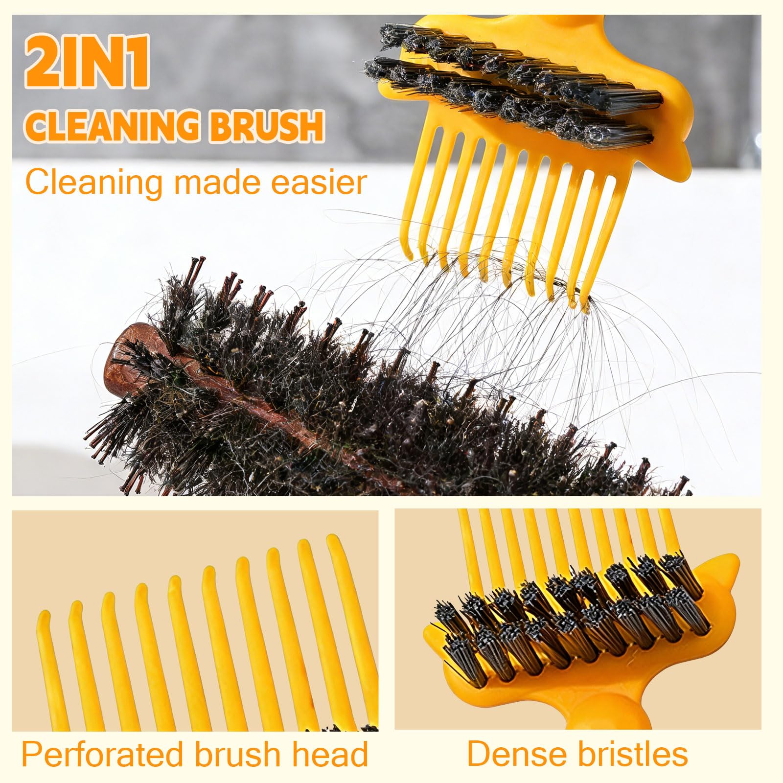 2 en 1 Herramienta de Limpieza de cepillos para el Cabello, Mini rascador Limpiador con púas y cerdas, Elimina Cabello y Polvo de peines para hogar y salón (Amarillo)