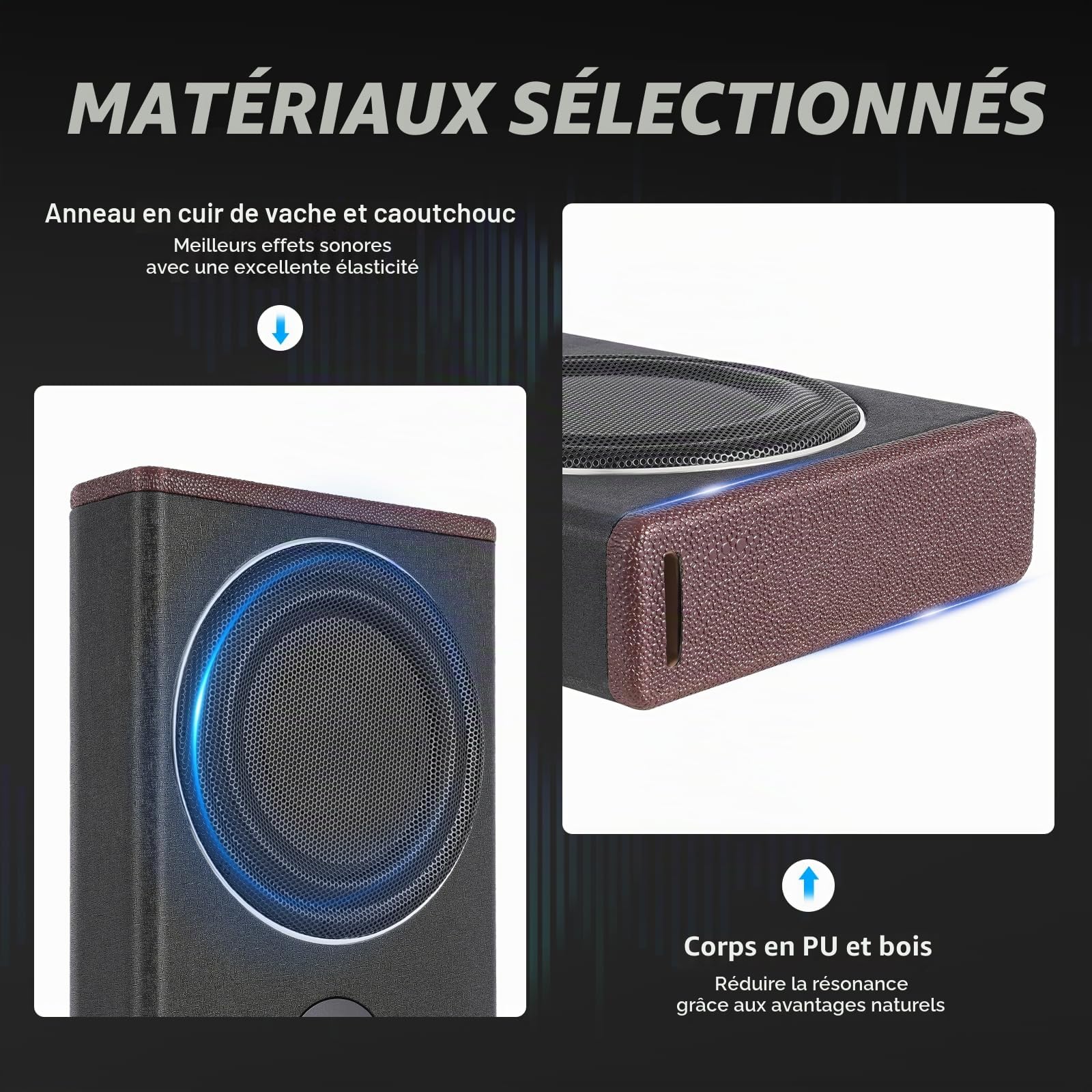Caisson de basses actif pour voiture, 600 W, 20,3 cm, caisson de basses ultra fin, interprète le son de voiture, caisson actif et basses actives