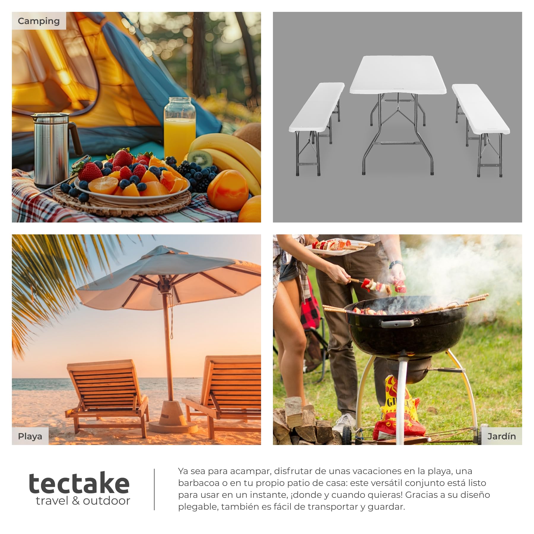 tectake® Conjunto Jardin Exterior con Mesa Plegable Camping 180 x 70 x 74 cm y 2 Banco Jardin Exterior 180 x 27,5 x 42 cm, hasta 8 Personas, Accesorios Camping, Mesa Auxiliar - Blanco