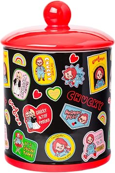 Silver Buffalo Chucky and Tiffany Sticker and Badges Pattern Ceramic Cookie Snack Jar Large