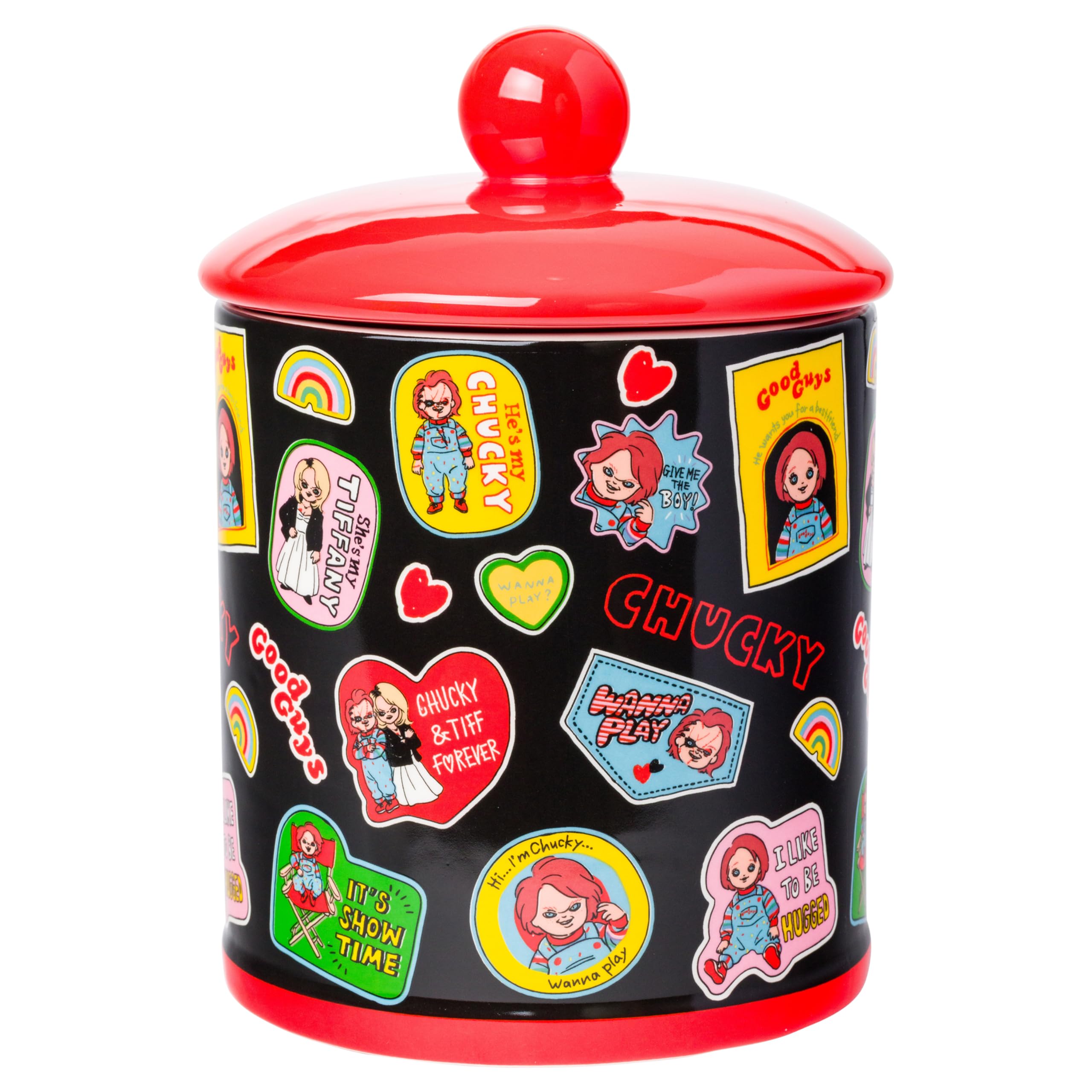 Silver Buffalo Chucky and Tiffany Sticker Badges, Ceramic Cookie Jar