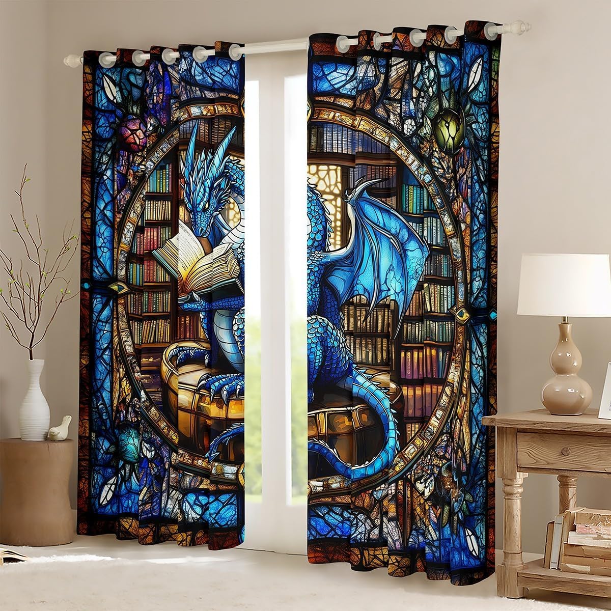 Westlicher Drache Fenstervorhänge, L Größe Blauer Drache Lesebucherregal Gute Schattierung Heimdekor Geometrische Patchwork Retro Fenstervorhänge 2 Panels,Guter Schattierungseffekt