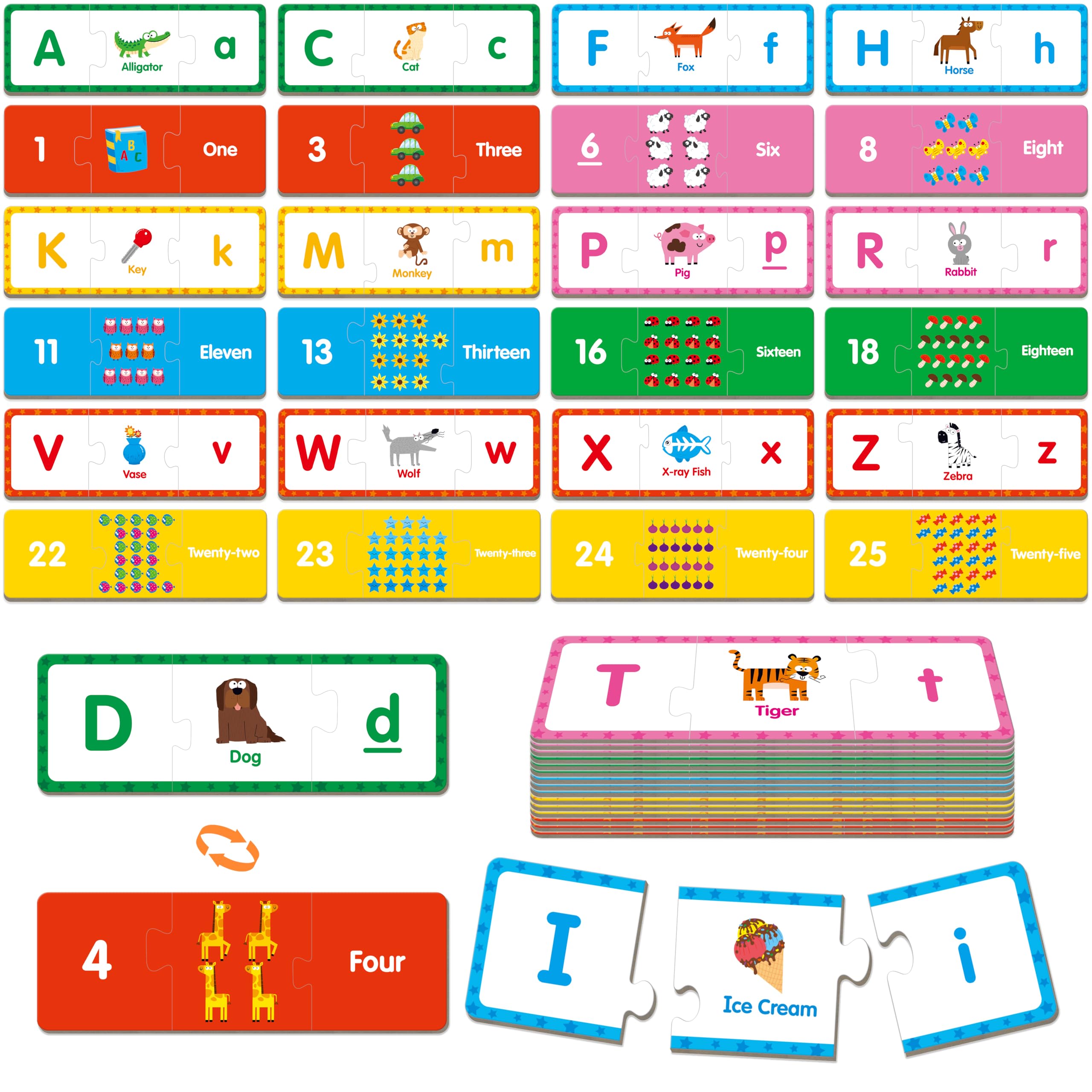 Alphabet & Number Puzzles, 26 Self-correcting Matching Puzzle Set, 3-Piece Double-Sided Puzzle Cards, Educational Game for Kindergarten Readiness, Preschool Learning Activities, Homeschool Supplies