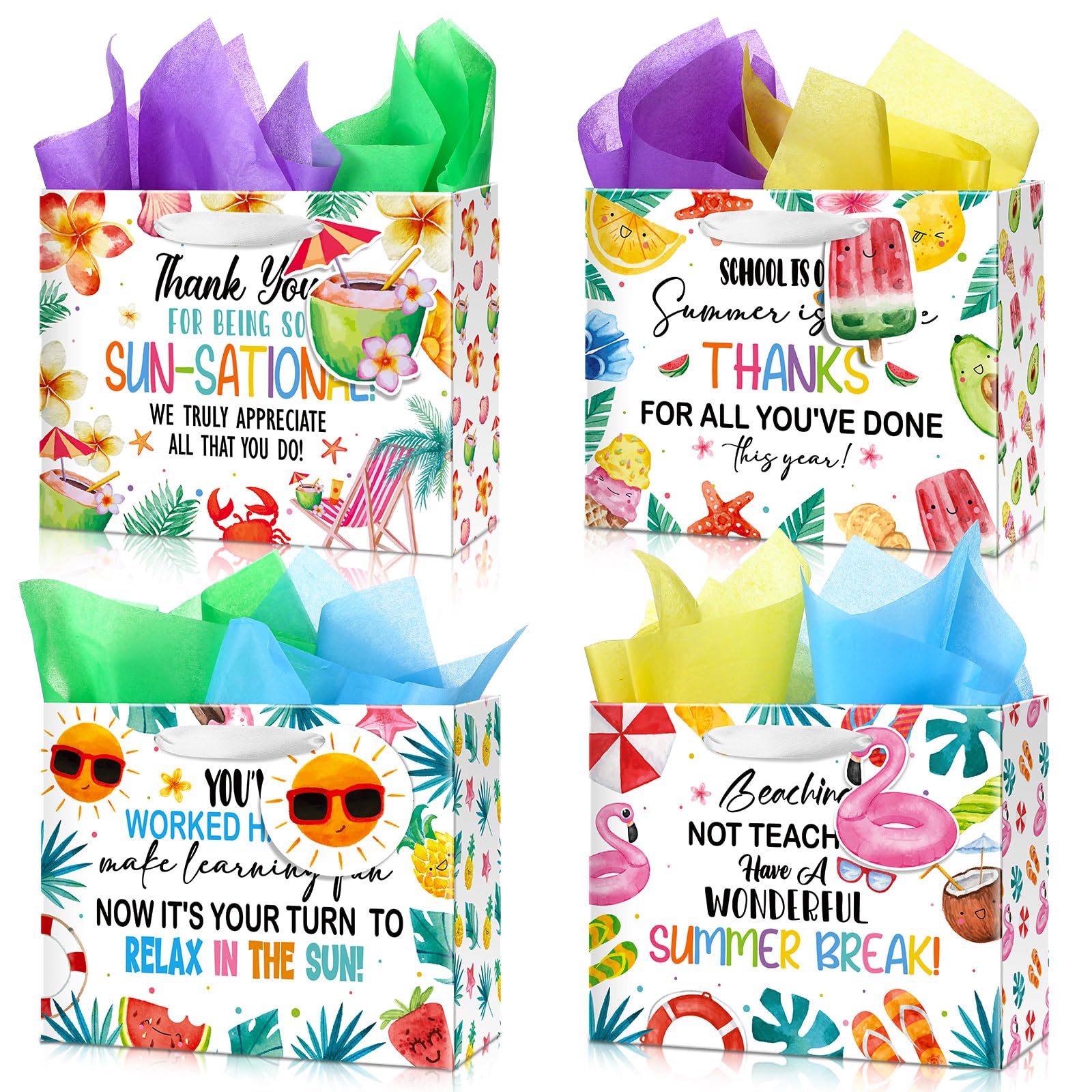 Kolldenn 12 Pcs End of Year Teacher Gifts Appreciation Gift Bag with Tissue Paper 10 x 8 x 4'' Medium Summer Thank You Teacher Wrapping Bag with Tag for Retirement School Year End Appreciation