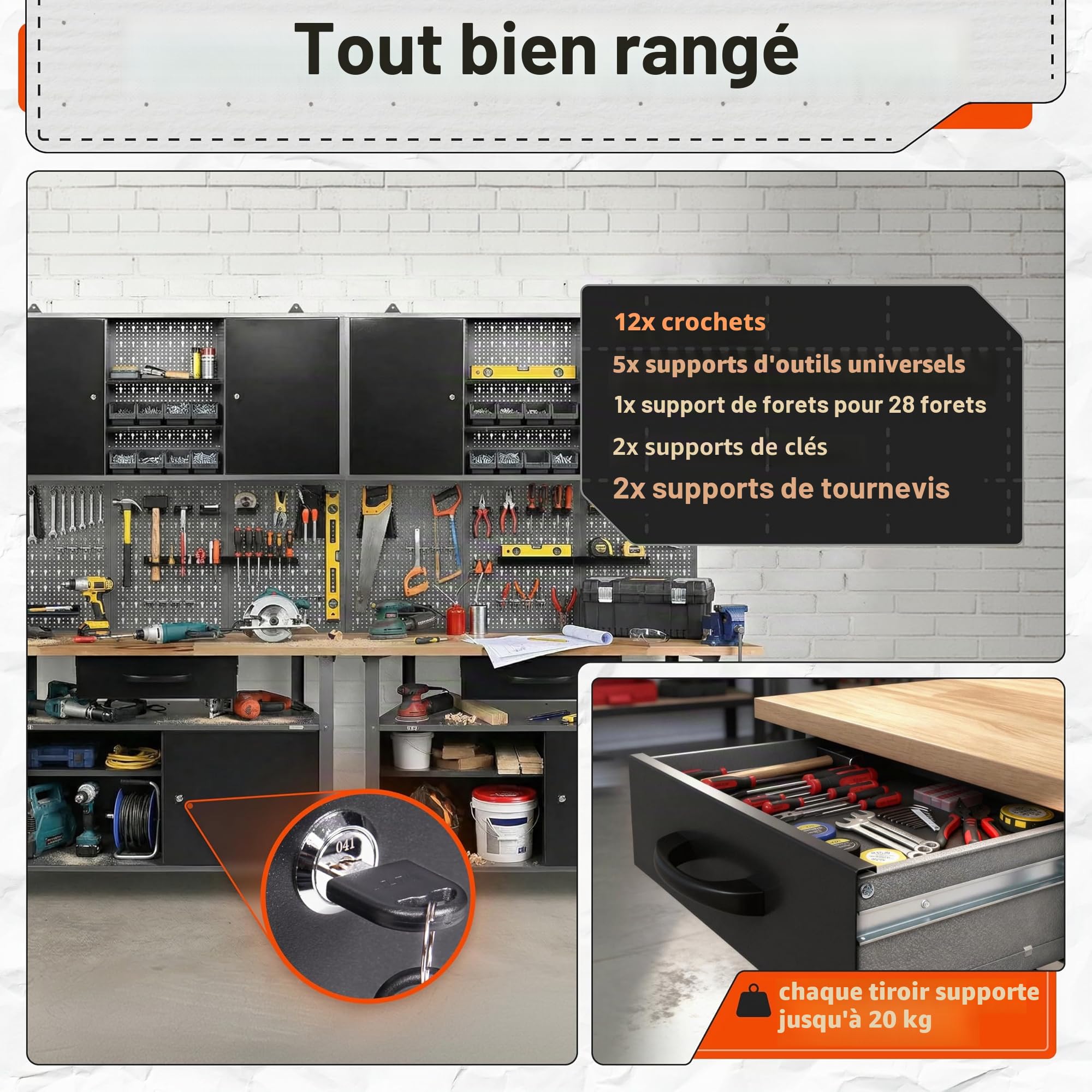 Ondis24 - Etabli Servante d'Atelier (Garage, Hangar) et Panneaux à Trous et Crochets à Outils