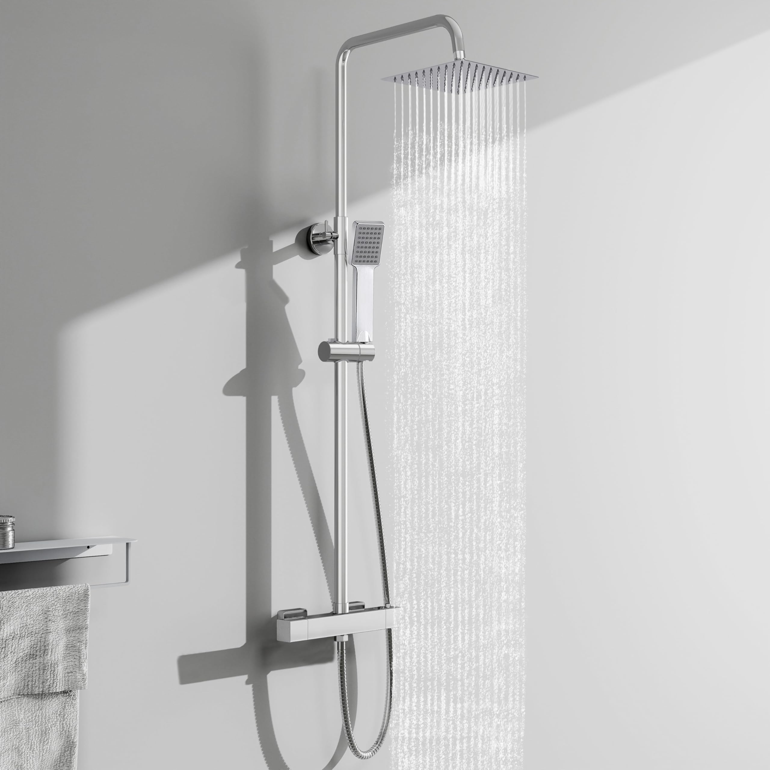 AICA Ensemble de colonne de douche thermostatique pour salle de bain, robinet de douche thermostatique, douche de tête carrée, chromé, hauteur réglable 715 mm-1205 mm (style2)