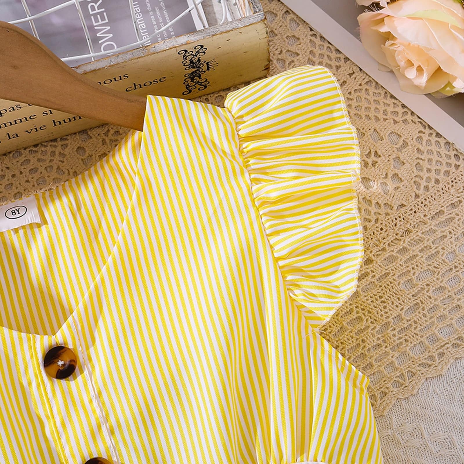 Vestito Estivo Casual da Bambina Senza Maniche, a Trapezio, con Bottoni, Orlo a Balze, a Righe, 8-12 Anni