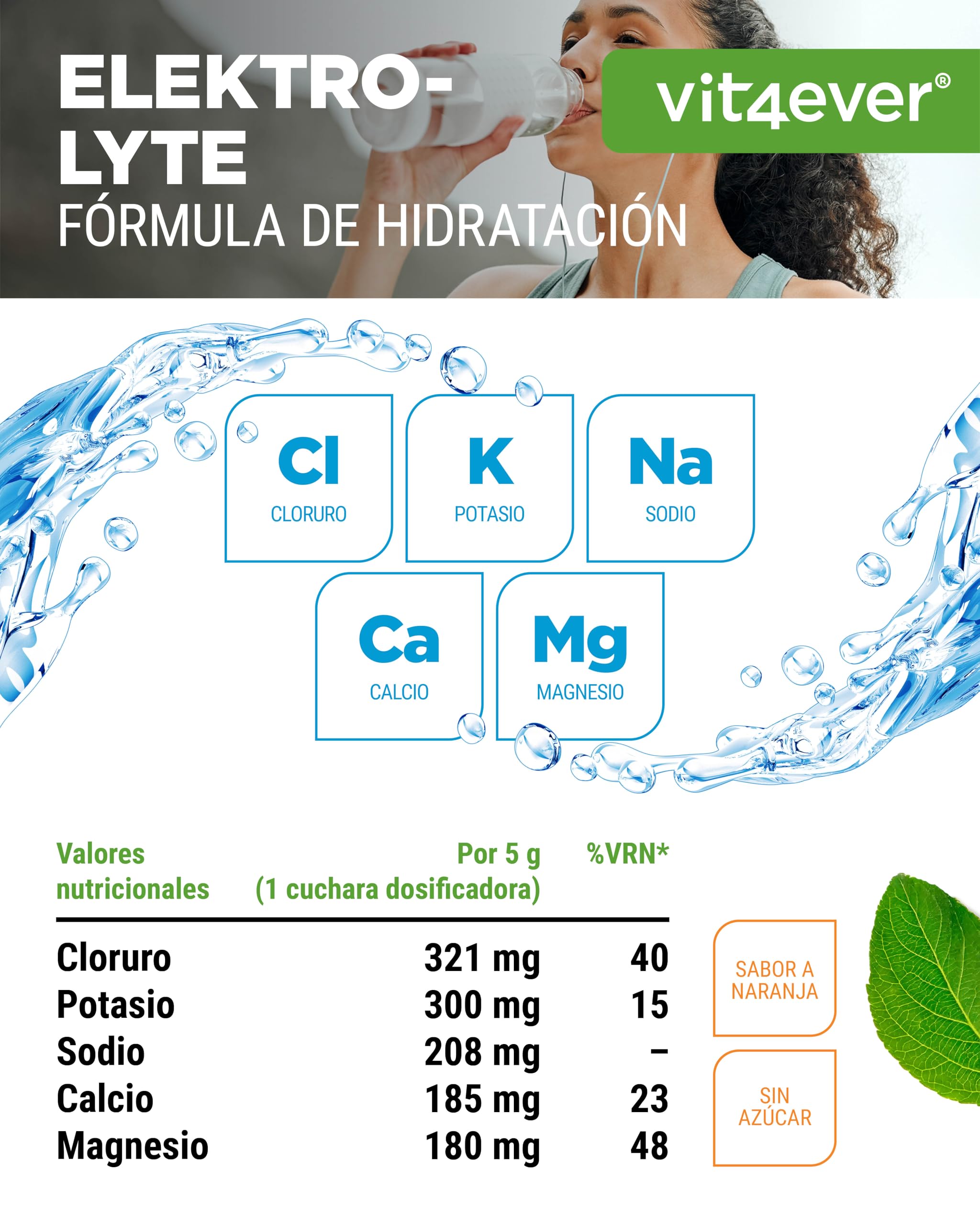 vit4ever Electrolitos - 200 g (40 Porciones) - Fórmula de Hidratación con Cloruro, Potasio, Sodio, Calcio, Magnesio - Sin Azúcar - Vegano - Sabor Naranja
