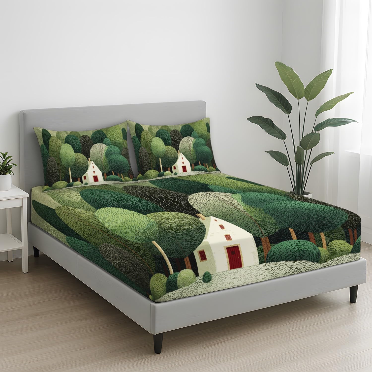 3-teiliges Spannbettlaken 200 x 200 cm - Bettlaken Für Jungen und Mädchen Mikrofaser Bettwäsche-Set, Retro, Skurril, Wald, Wälder, Bäume, Kleine Pünktchen für Matratzenhöhe bis 30 cm