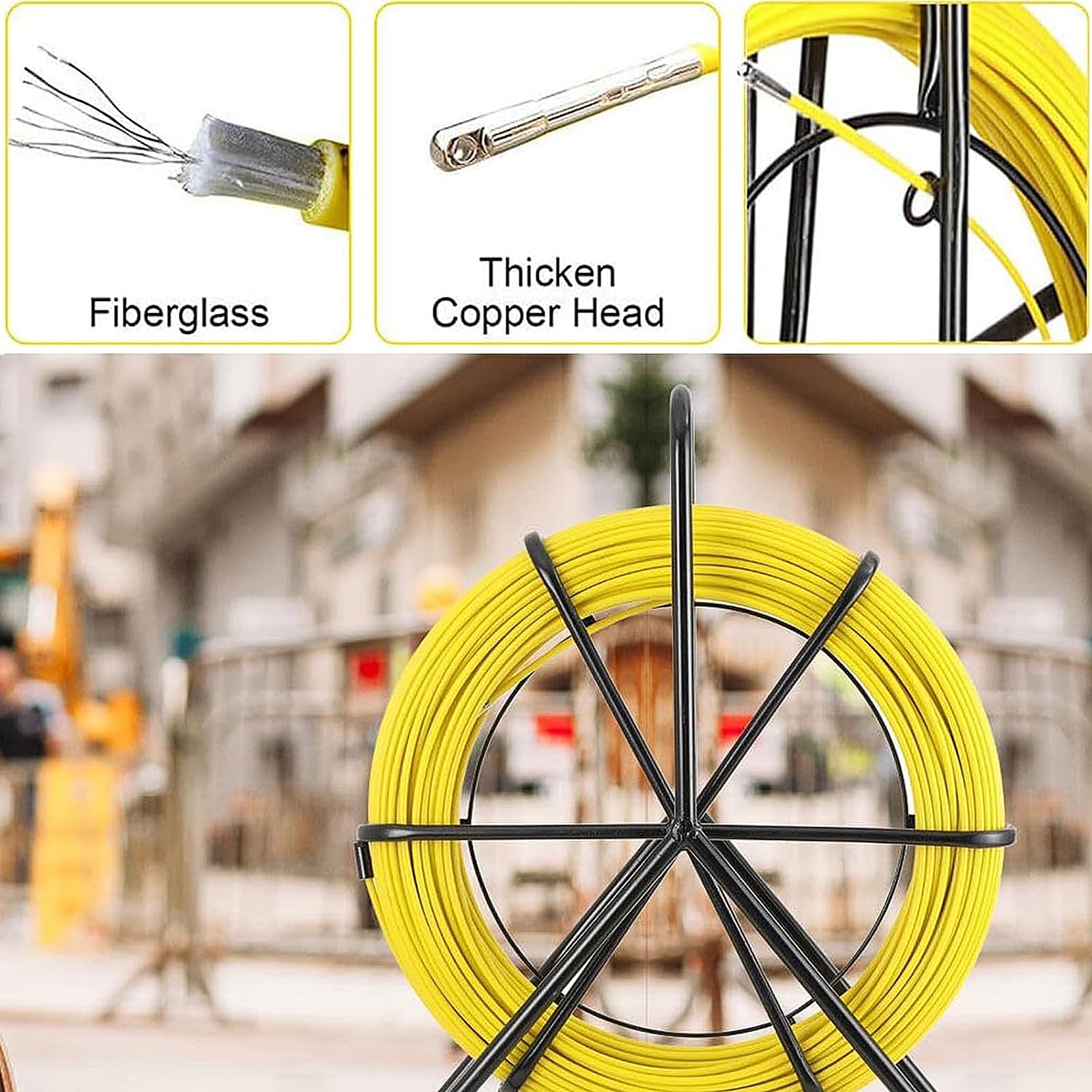 6mm 50m Ruban Bande à Poisson en Fibre de Verre, Aiguille De Tirage Fibre Optique Conduit de câble Porte-moulinet en acier, enfileur de câble de pipeline d'électricien