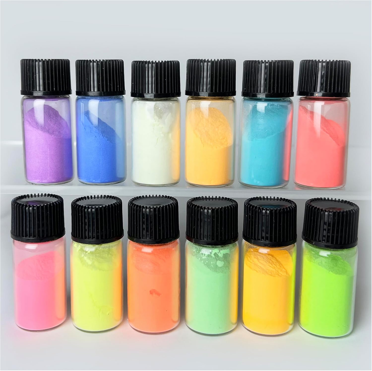 VITARIE 12 Colors Glow in the Dark Pigment Powder - 5g/0.18 oz Each Bottle Epoxy Resin Luminous Pigments Long Lasting for Slime, Nails, Acrylic Paint, Halloween Decoration, Art, Crafts
