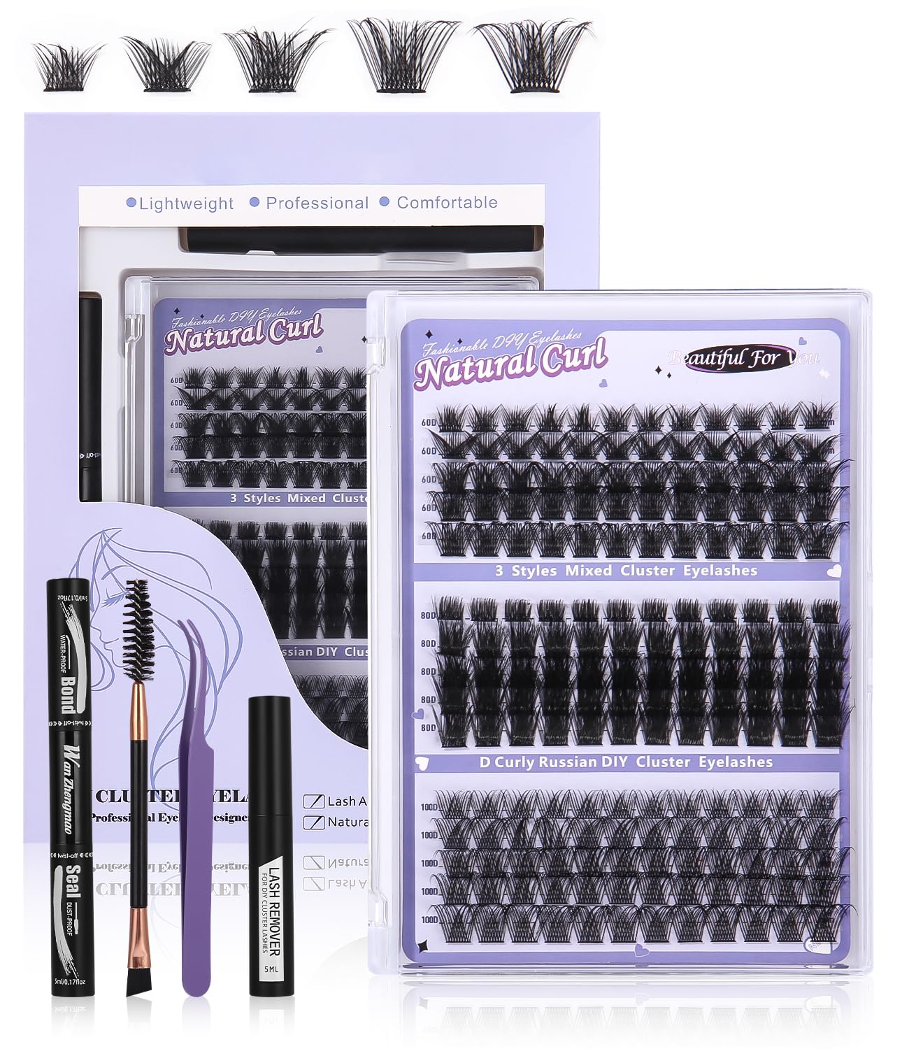 Cluster Lash,Kit Extension Cils Individuels D Curl DIY Kit de Touffes de Faux Cils D'extension de Cils avec Liaison et Joint Extensions de Cils pour Usage Personnel et Domestique 60D 80D 100D