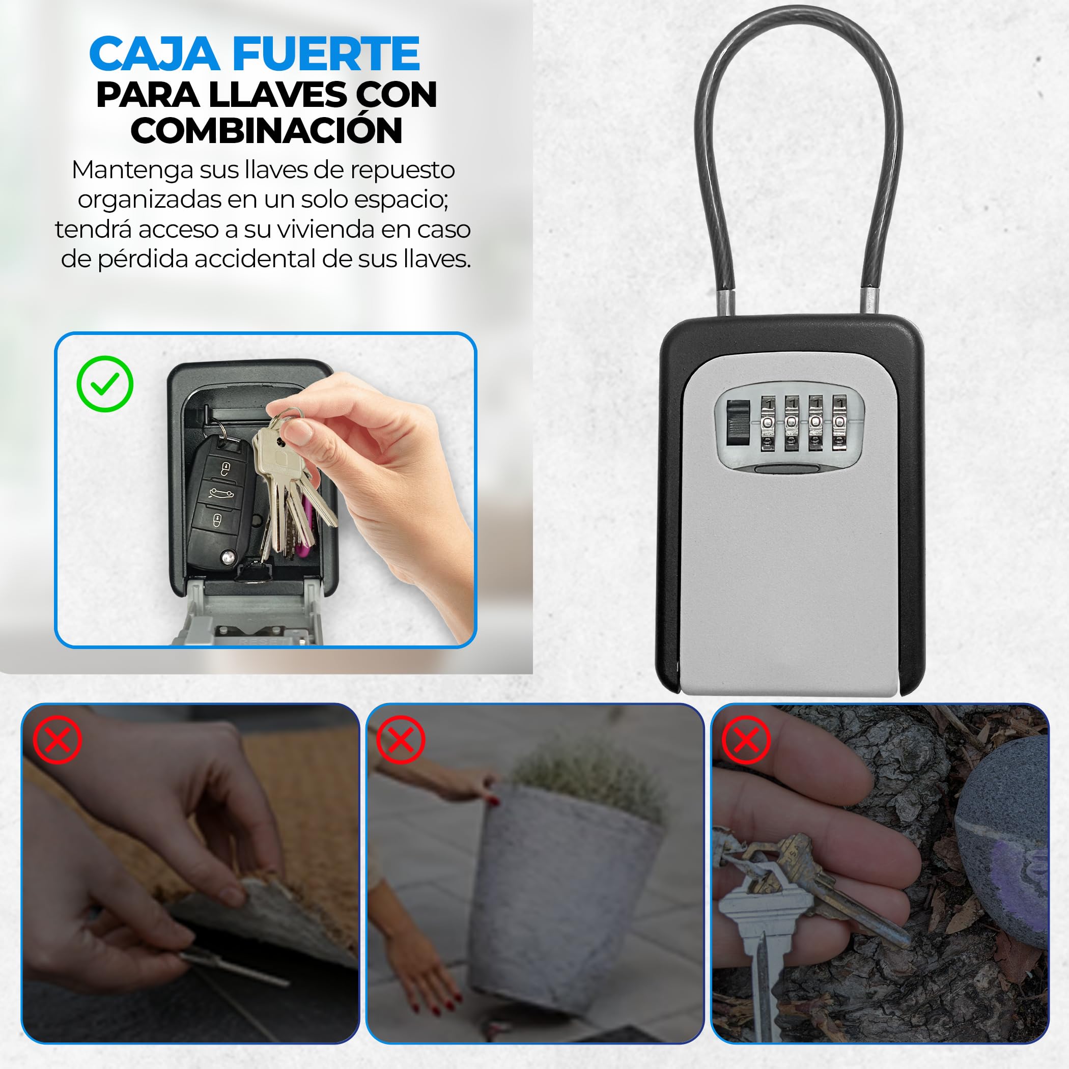 QJF Caja de Seguridad para Llaves con Código de 4 Dígitos para Pared o Colgar en Exterior o Interior, Casas, Vvdas Turísticas, B&B. Cajetín Llaves con Código de Fácil Instalación. Llaveros de Regalo.
