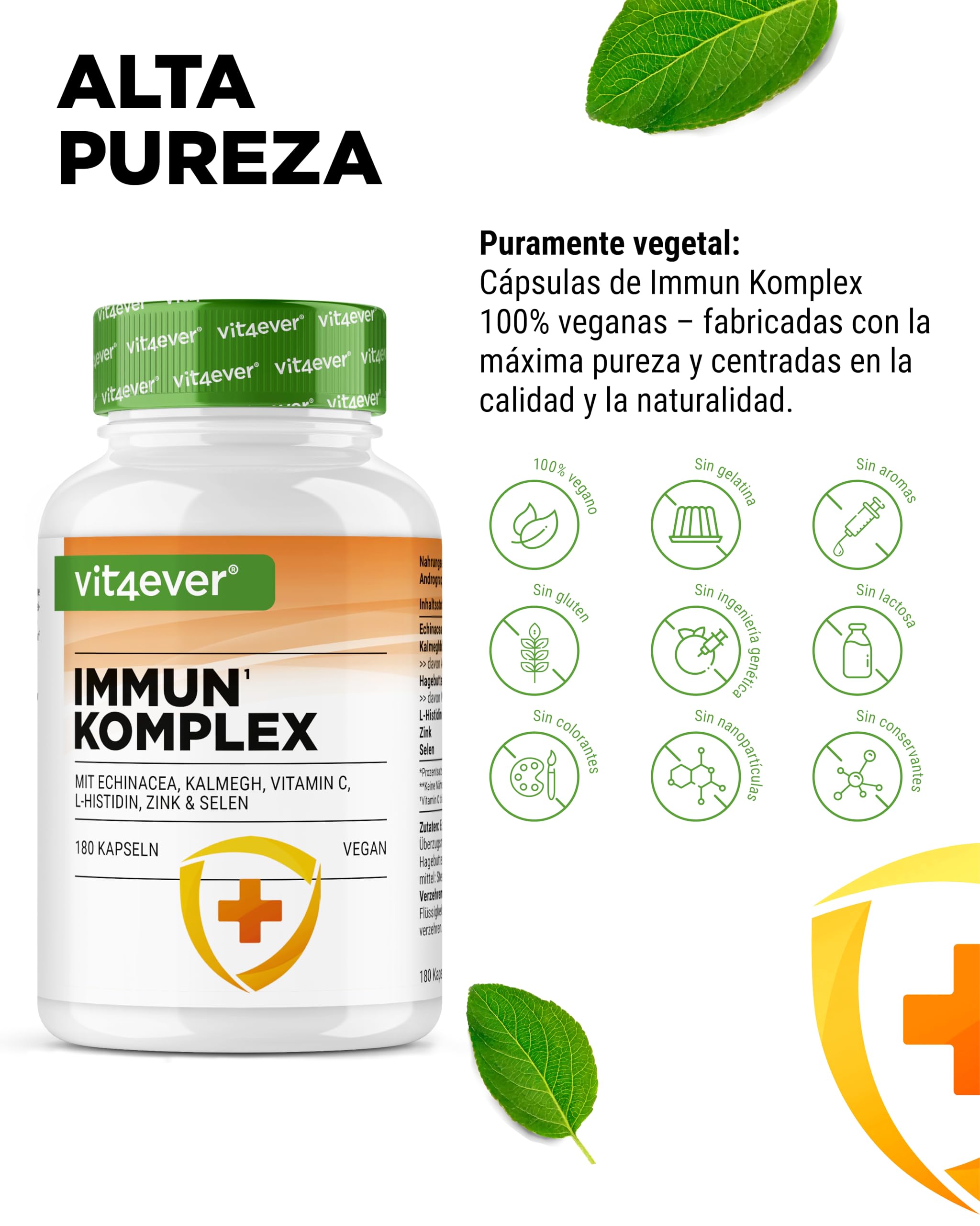 Complejo para el Sistema Inmunitario de alta dosis - 180 cápsulas para 90 días - 500 mg de Equinácea, Kalmegh, Escaramujo, Vitamina C, L-Histidina, Zinc y Selenio - Vegano, sin aditivos innecesarios