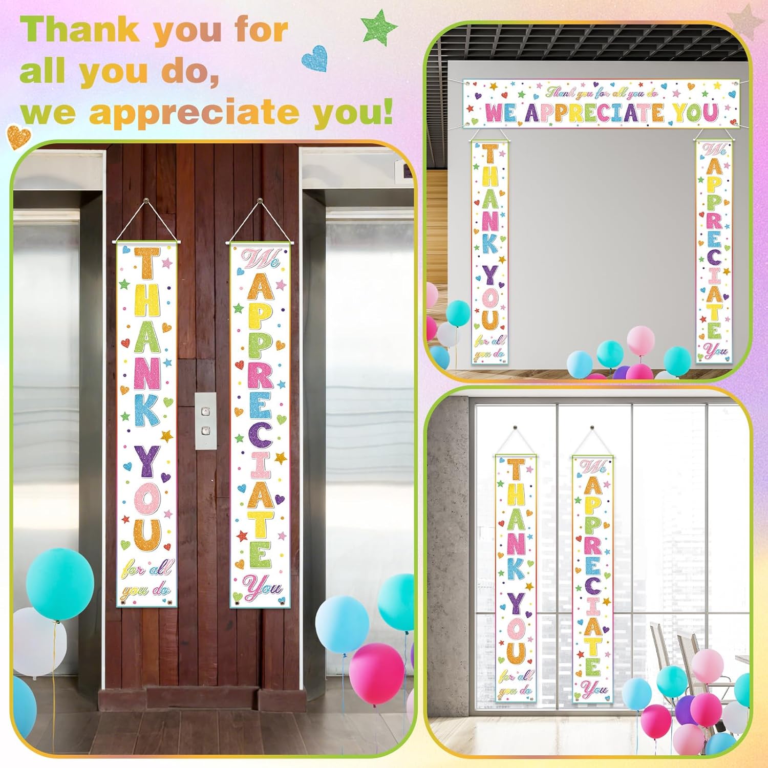 Tingjoo 3 Pcs Appreciation Banner We Appreciate You Door Porch Decor for Teacher Nurse Staff Coworker Administrative Professionals Day Employee Thank You Party Backdrop Supply(Glitter,Colorful)