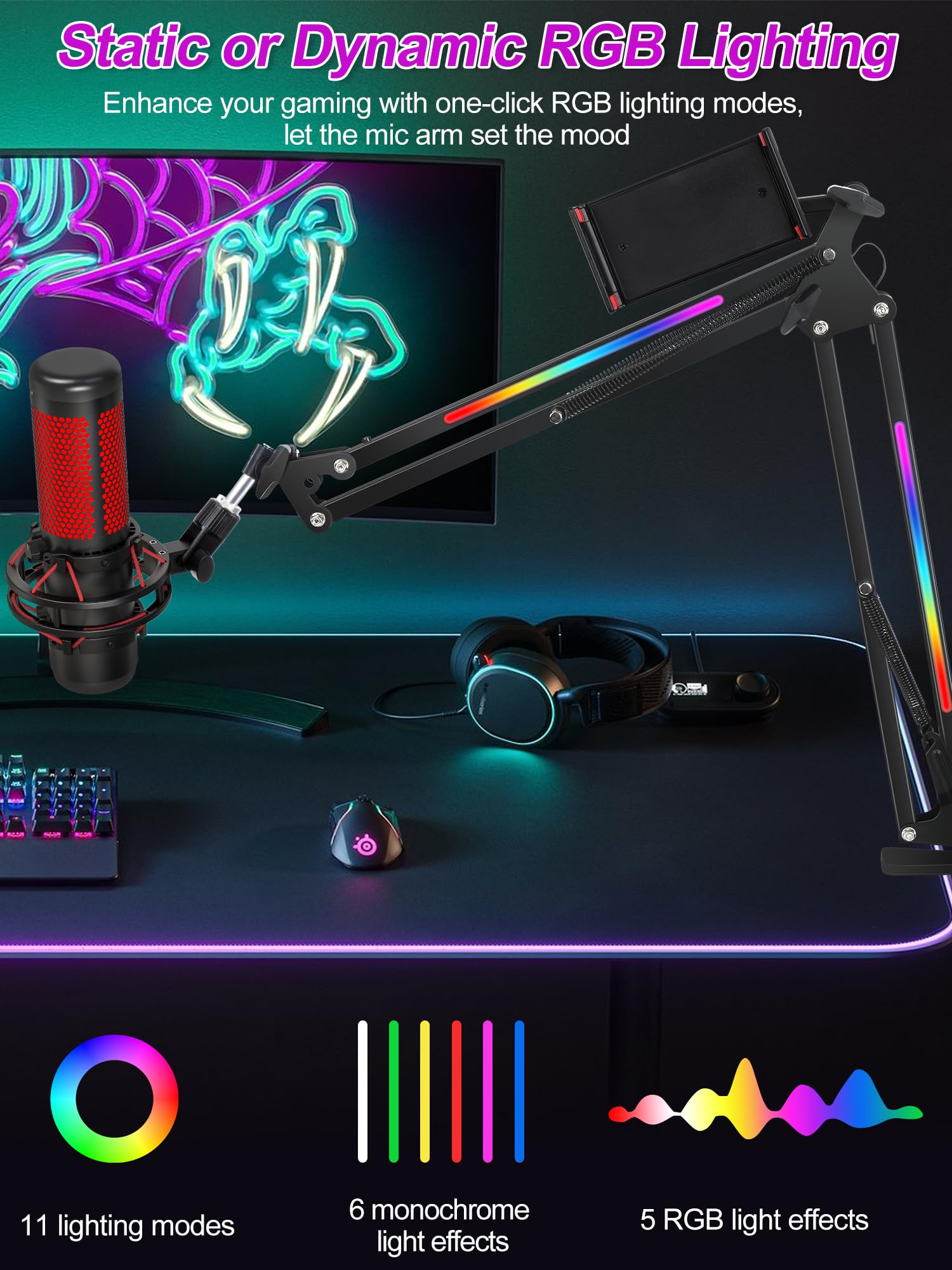 RGB Microphone Boom Arm Stand - Mic Arm for Blue Yeti Mic, HyperX Mic, FIFINE AM8 Mic, Razer Seiren Mini and Most Microphone, Mic Stand Desk by YOUSHARES - Image 2