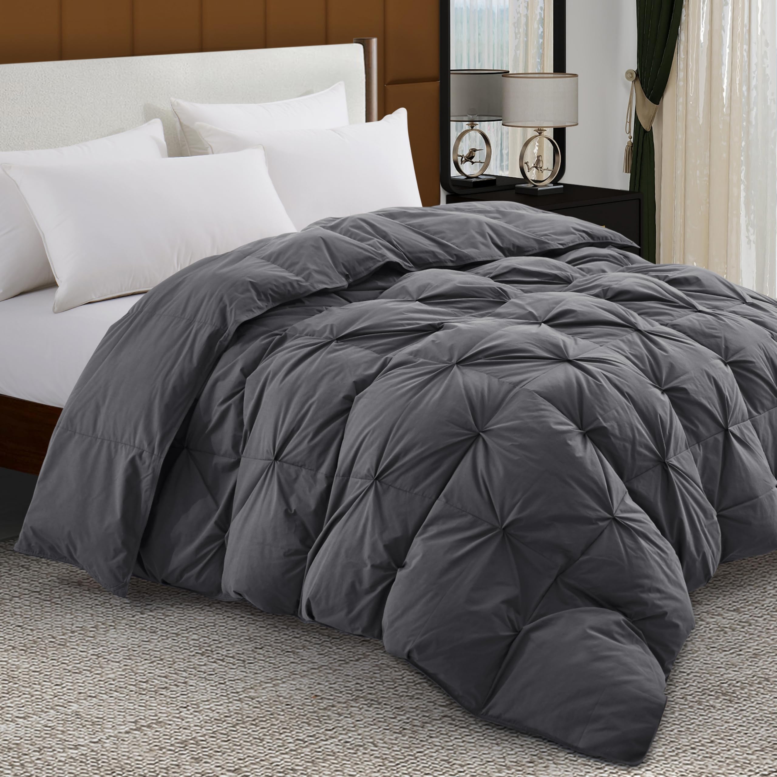 ALPSWAN Pinch Pleat Goose Feather Microfiber Down Comforters King Size, Grey 100% Cotton Duvet Insert, Fluffy Medium Warmth Bedding Comforter with