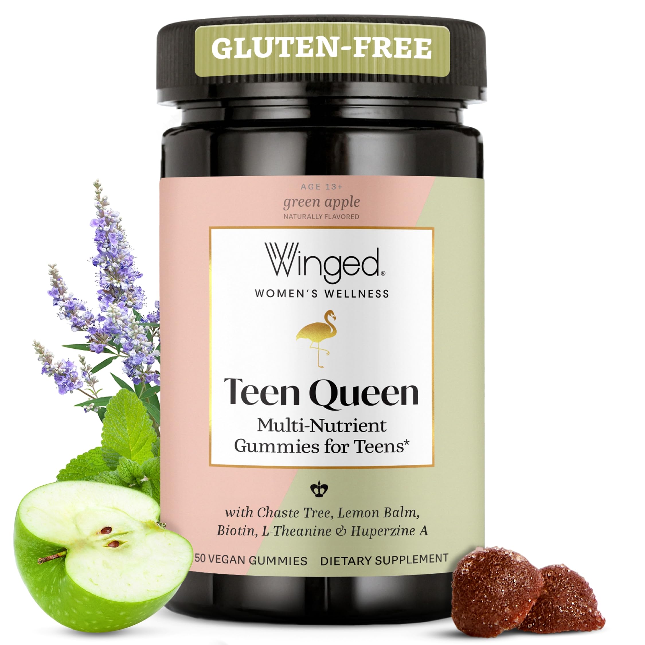 Winged WellnessMultivitamin Gummies for Teen Girls - Teen Vitamins for Mood & Hormonal Health - Vegan Gummy Supplement with Chaste Tree, Lemon Balm, L-Theanine, Probiotics & Biotin - 50 Gummies