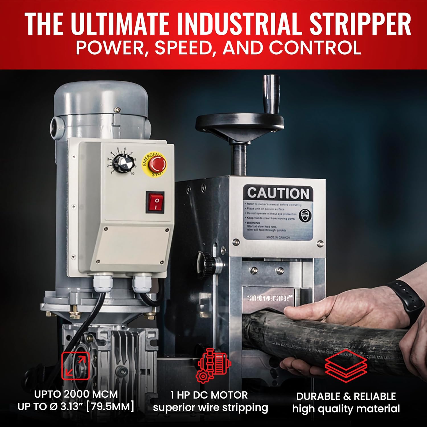 StripMeister E2000x Industrial Wire Stripping Machine – Wire Size Up to Ø3-1/8", Jam-Free, Automatic Wire Stripper with 1HP DC Motor, Speed Control