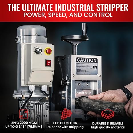 StripMeister E2000x Industrial Wire Stripping Machine Wire Size Up to 3-1/8, Jam-Free, Automatic Wire Stripper with 1HP DC Motor, Speed Control