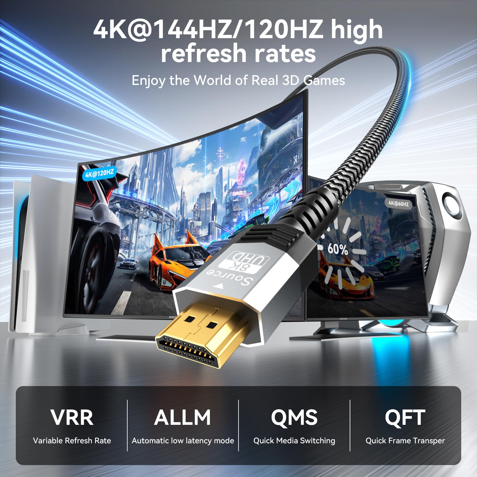 Soonsoonic 8K Glasfaser HDMI 2.1 2,5 m, volle 48 Gbit/s 8K @ 60Hz (4:4:4), unidirektionales geflochtenes Gaming-Kabel, 4K @ 120Hz eARC Dolby Atmos DTS: X HDR10 VRR ALLM, kompatibel mit PS5 Xbox Series