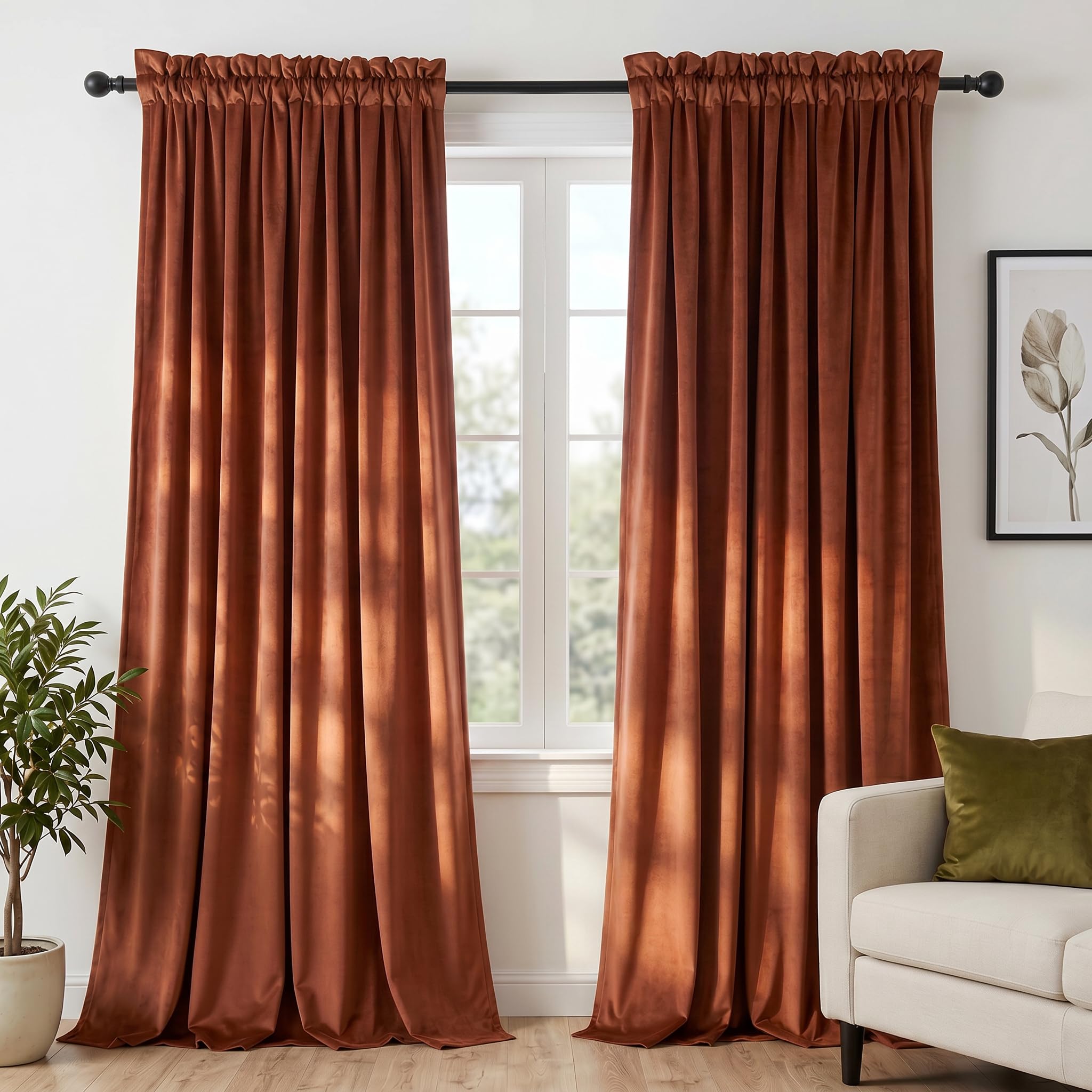 Dchola Burnt Orange Velvet Curtains for Bedroom Window, Super Soft Vintage Luxury Heavy Drapes, Room Darkening Rod Pocket Curtain for Living Room, W52 by L90 inches, 2 Panels