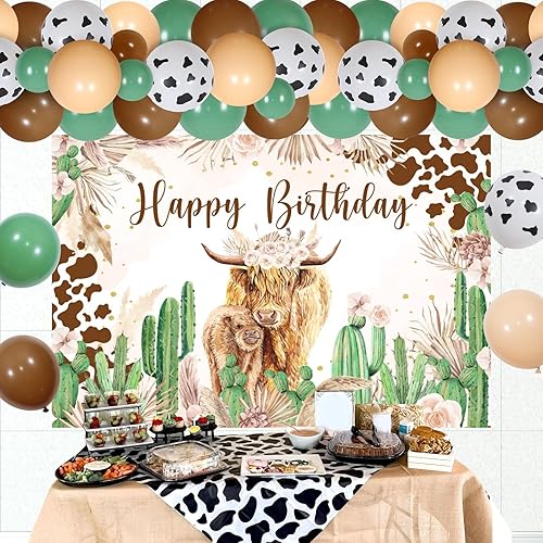 Miniatura 2 de Decoraciones de fiesta de cumpleaños de vaca de las tierras altas, fondo de arco de globos verde salvia marrón cactus, vaca santa boho, impresión de