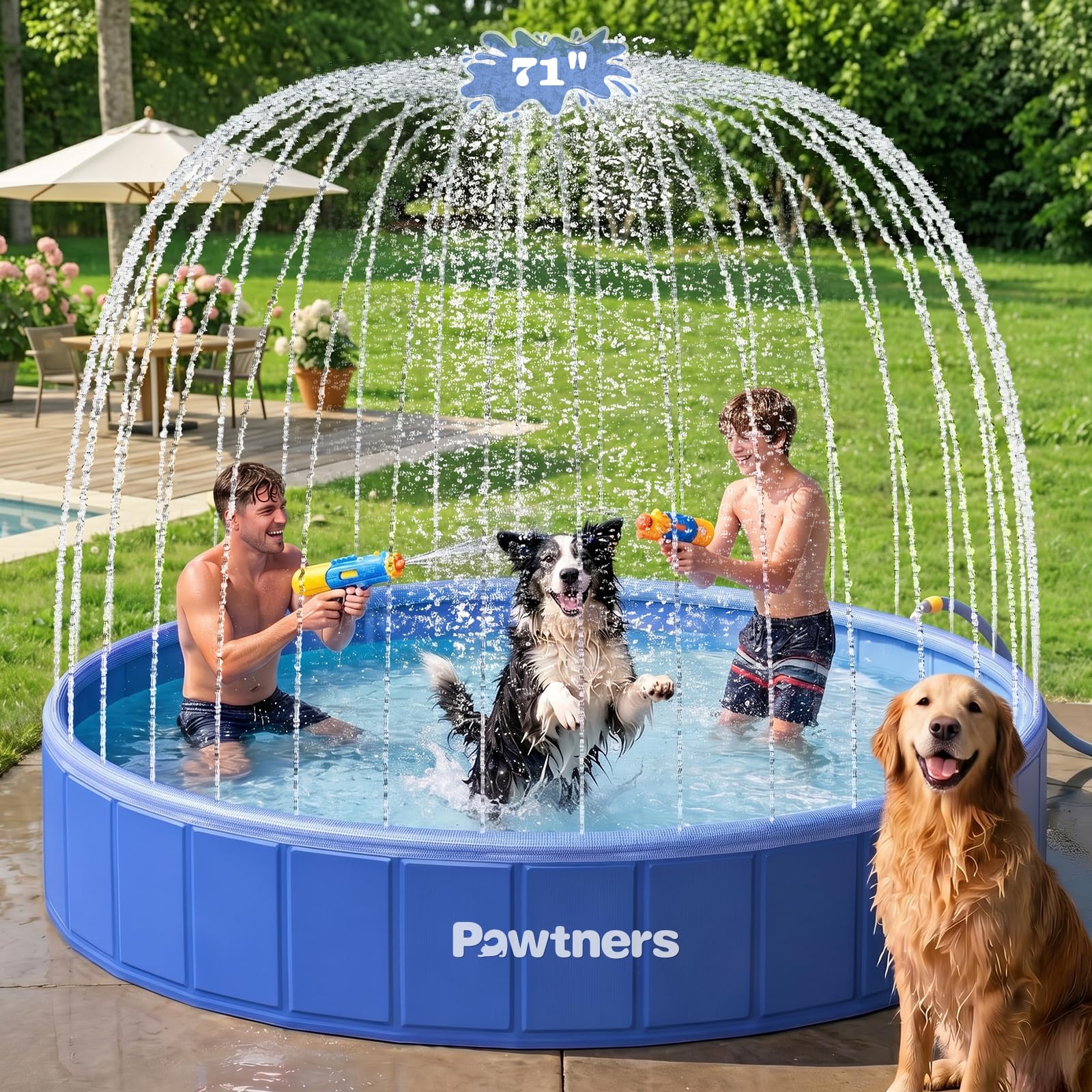 Pawtners 71'' Foldable Dog Pool with Sprinkler, 2-in-1 Hard