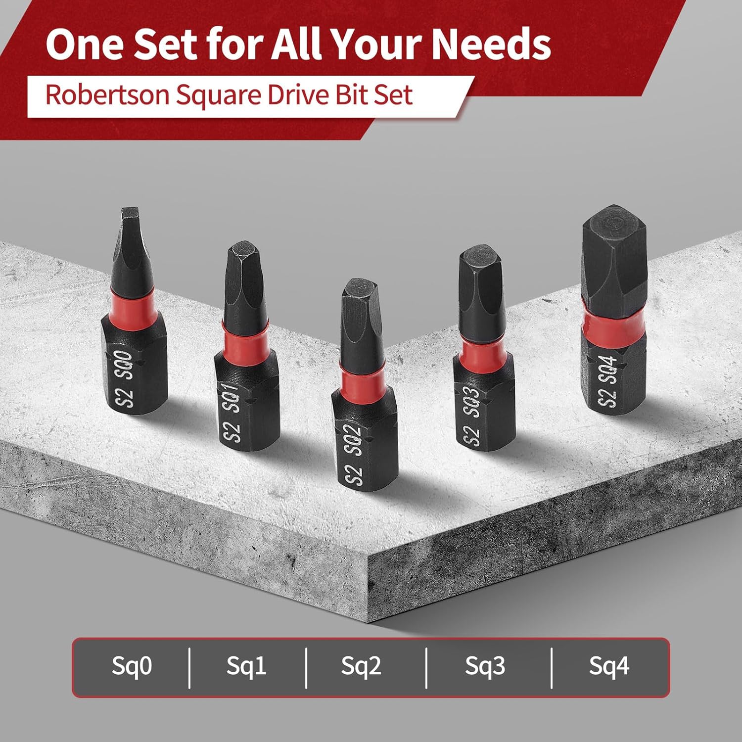 5PCS Robertson Square Drive Bits, Premium S2 Alloy Steel Square Drill Bit Set, Size # 0,1,2,3,4, 1/4 Inch Hex Shank, 1 inch Long