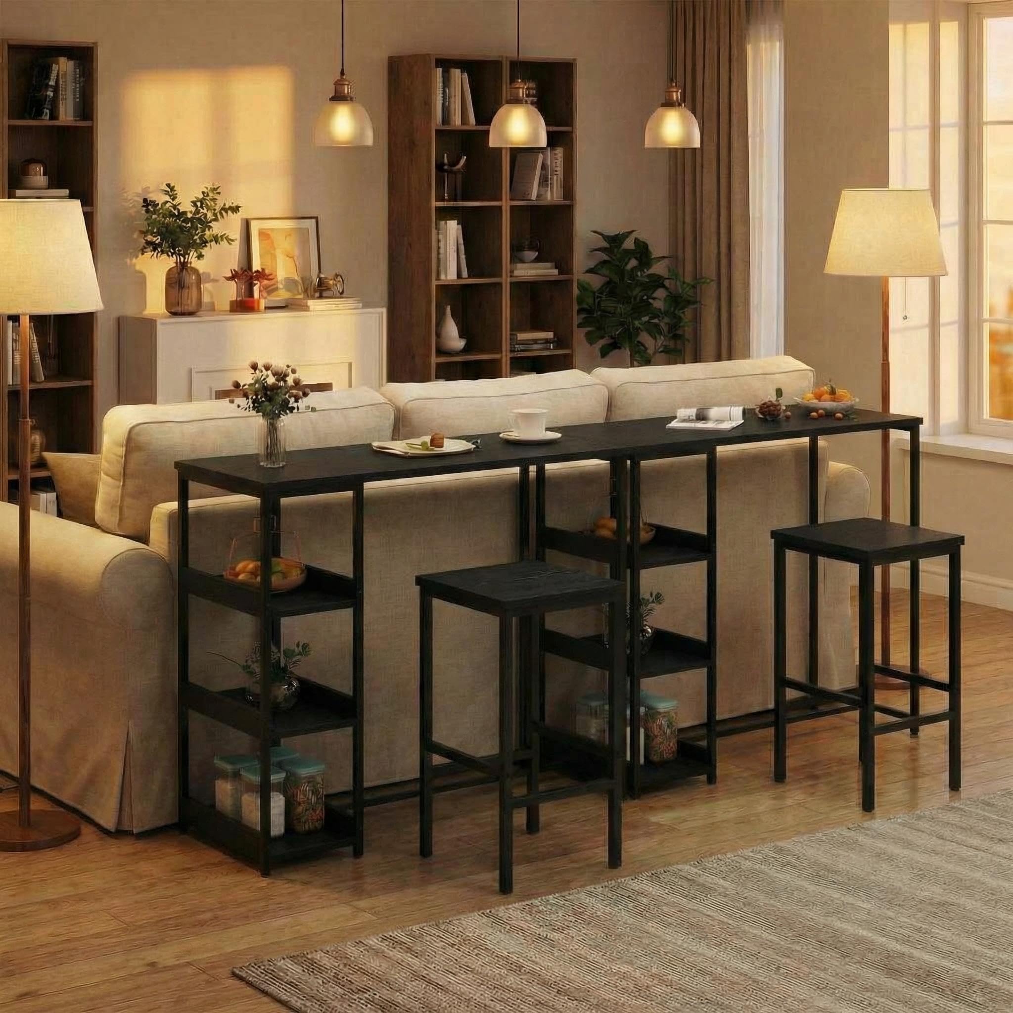 Garvee Bar Tisch Und Stühle Set, Rechteckiger Pub Tisch Mit 2 Hockern Für Kleinen Platz, High Top Tisch, 3-Teilige Frühstück Hocker Set, Robuster Metallrahmen, Einfach Zu Montieren,Schwarz