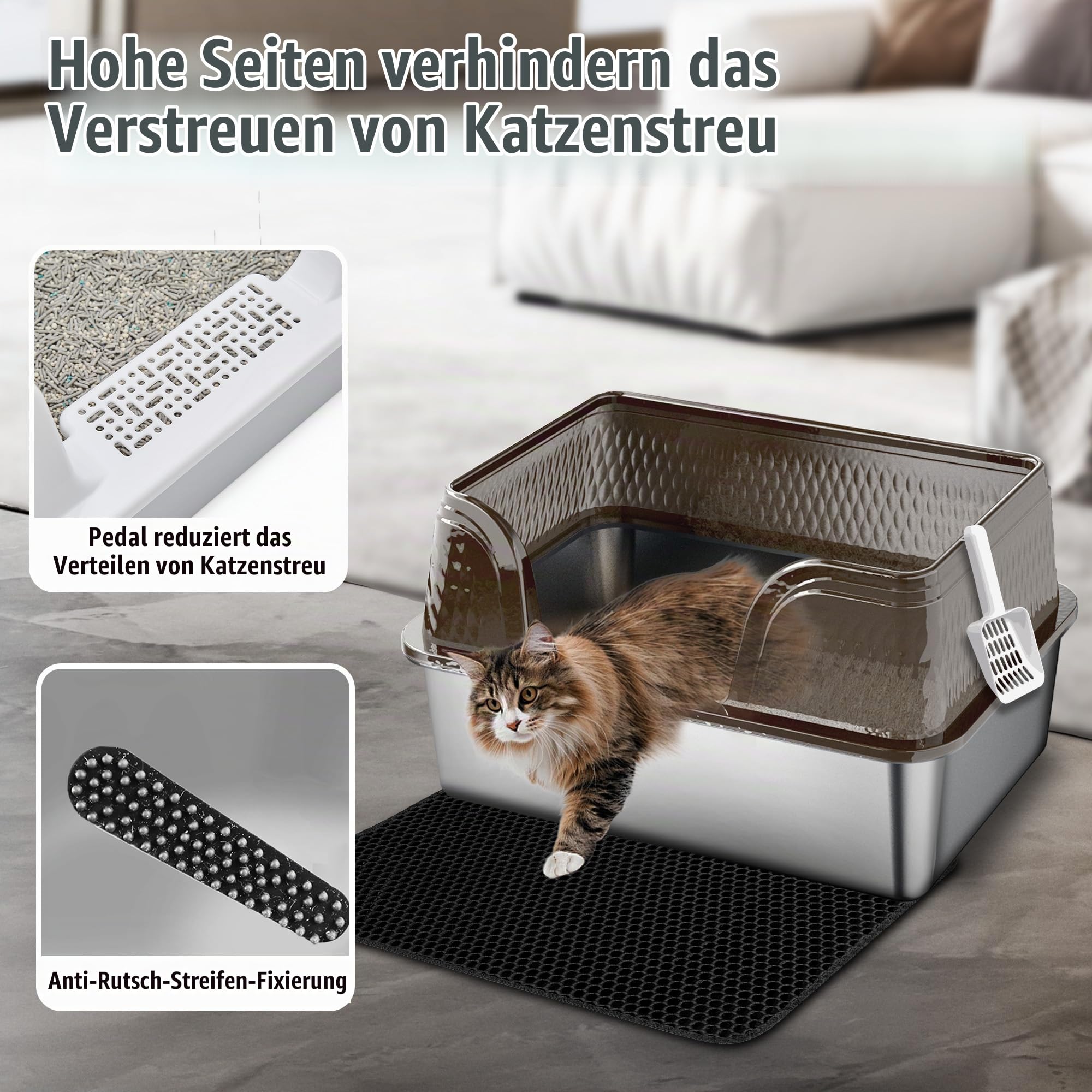 Suhaco Edelstahl Katzenstreu Box mit Deckel Kitty Schwarze Katzenstreu Matte und weißer Scoop Inklusive Covered Metal High Sided Abnehmbare große Katzenstreu Box Gehäuse 60×40×30(Schwarz XXL)