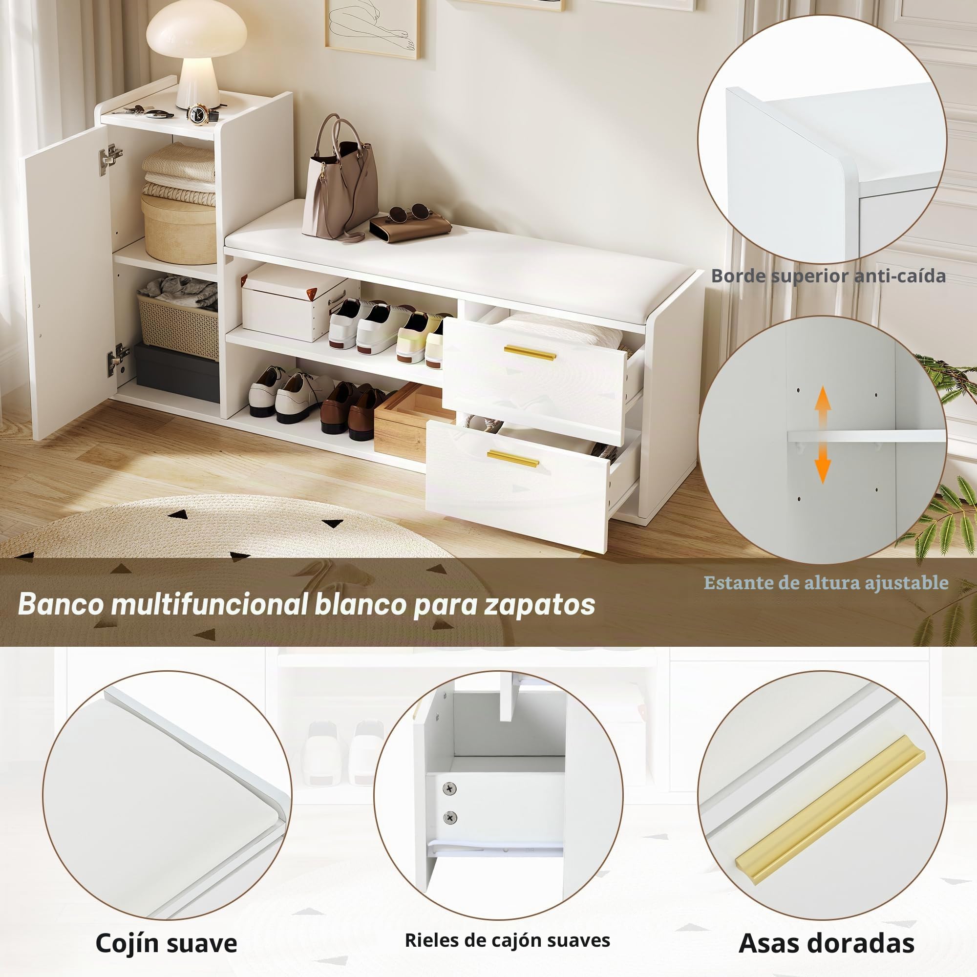 128 x 30 x 68 cm, zapatero con 2 cajones, 1 armario, bancos con acolchado y espacio de almacenamiento, adecuado para salón, pasillo, oficina, color blanco