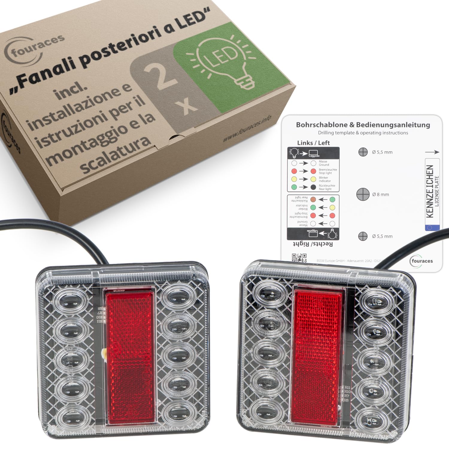 fouraces fanali posteriori a LED per rimorchio - 2 set, con schema elettrico e illuminazione targa, fanale posteriore, trattore, carrello, luce, lampade per auto
