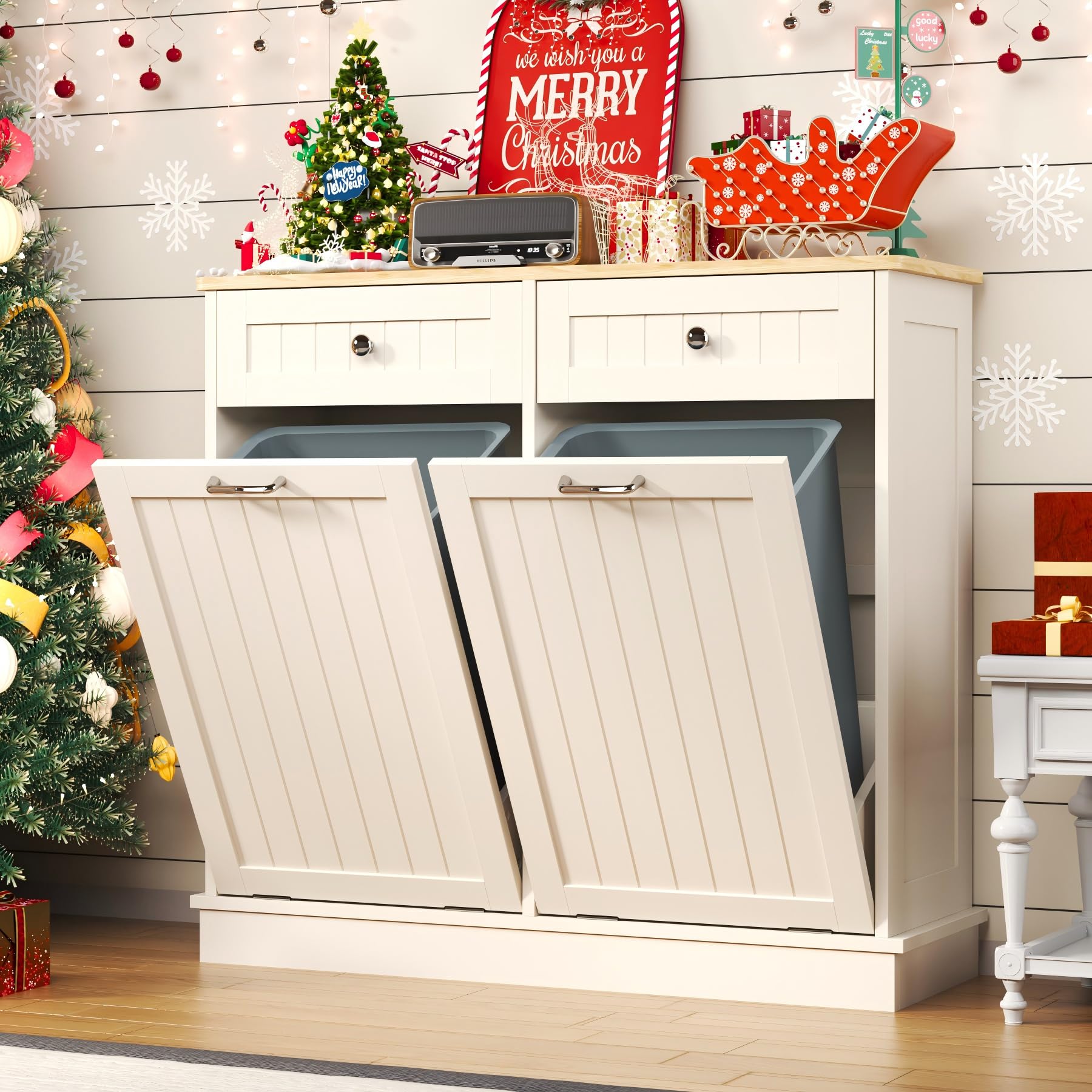 LOUVIXA Tilt Out Trash Can Cabinet Dog Proof with Double Wood Hidden Holder, Kitchen Free Standing Recycling Cabinet（White）