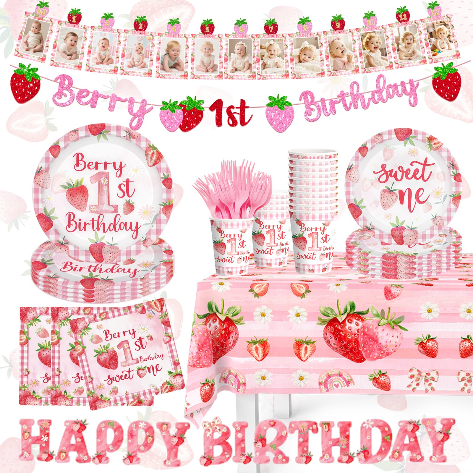 Strawberry 1st Birthday Decorations Berry First Birthday Party Tableware Set include Glitter Photo Banner Plates Napkins Cups Tablecloth for Sweet One