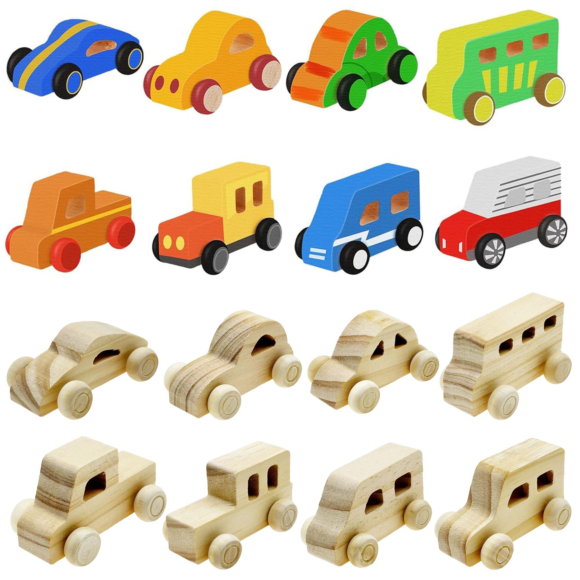 Allazone Wood DIY Car Unfinished Wooden Cars, Wooden Car Crafts for Home Activities, Craft Projects, 8 PCS Mixed Cars