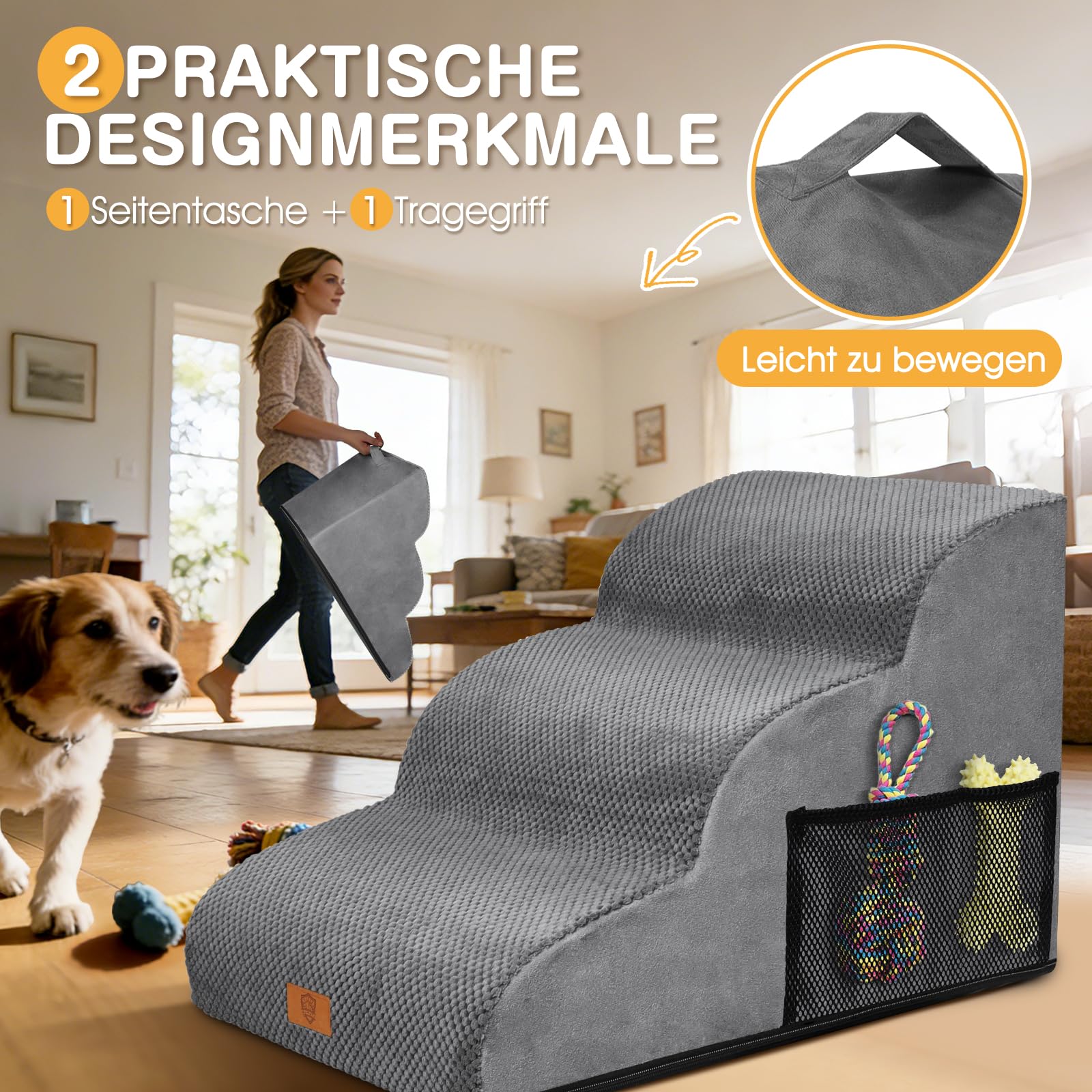 Zvonema Hundetreppe, wasserdichte Hundetreppe 40cm Hoch, rutschfeste 3 Stufen Treppe für Hunde, Verletzungsprophylaxe Hochwertige Schwamm Katzentreppe, Waschbar Hunderampe für Sofa Bett