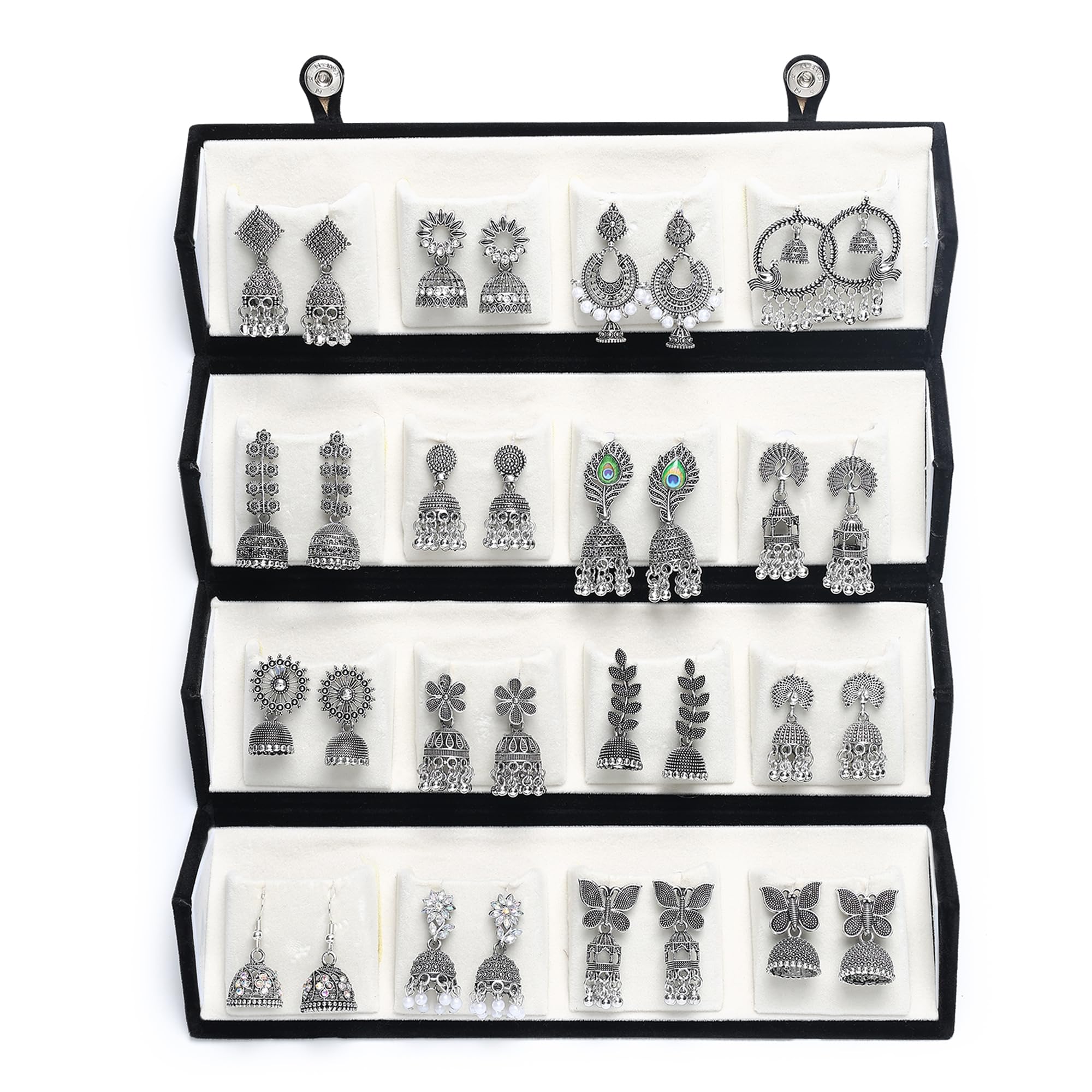 16 Pair Oxidised Silver Earring Jhumka Box Combo Set – Traditional Jhumka Earrings, Chandbali & Stud Collection for Women with Black Velvet Box-image-36