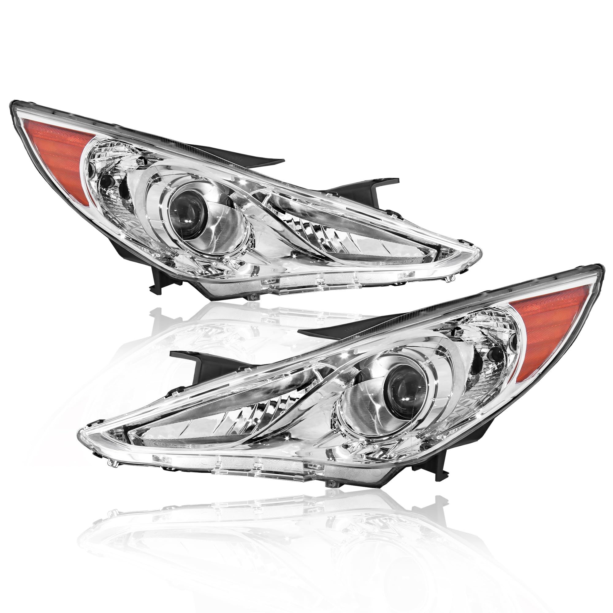 Photo 1 of ***VERY USED*** KUIPERAUTO Headlights Assembly Replacement Compatible with 2011-2014 Hyundai Sonata Halogen with Clear Lens Chrome Housing Amber Reflector Front Lamps Driver and Passenger Side (Set of 2)