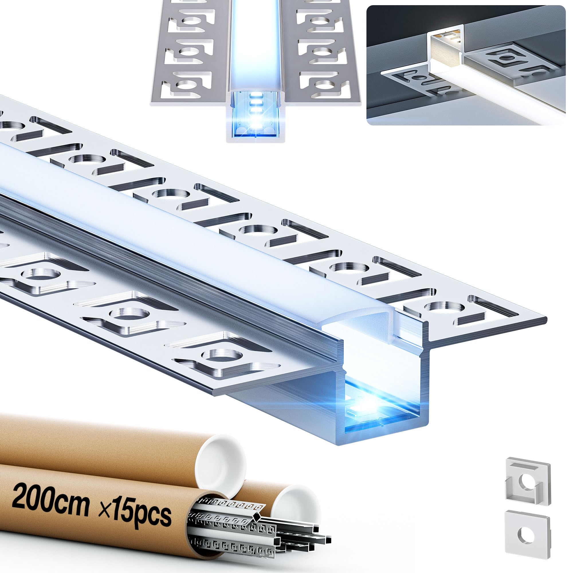 GEEKLUX 15 x Profili LED per cartongesso in alluminio 2 m (totale 30 m), per strisce LED fino a 12 mm di larghezza - Canalina LED con diffusore semitrasparente, dimensioni 55,5 mm x 14,9 mm