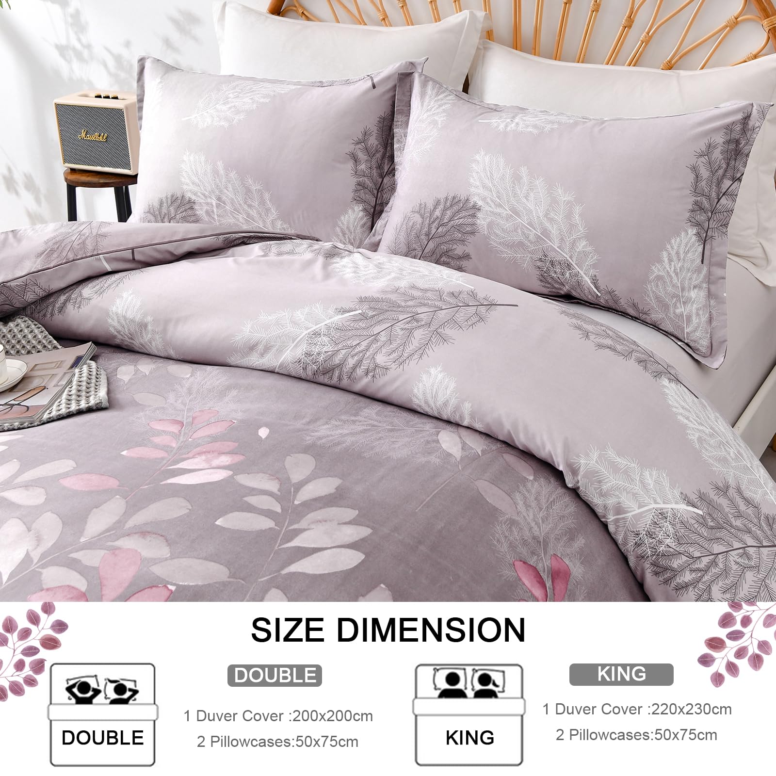 DJY Pink Duvet Cover King Pink Floral Bedding Set, Reversible Lightweight Leaves Bedding Sets 3pcs with Zipper Closure (King - Image 4