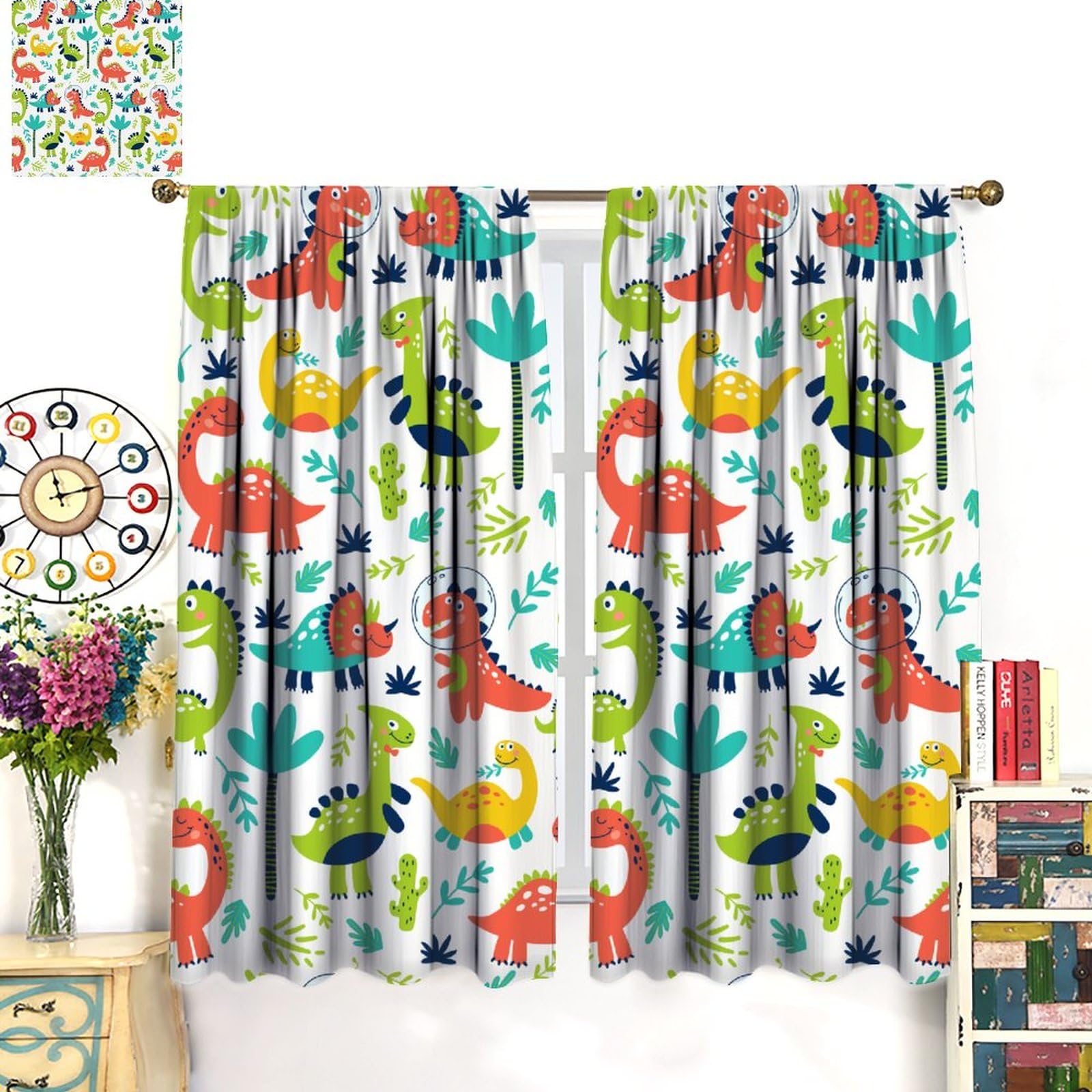 SENQIAN Rustic Dinosaurs Curtains Colorful Dino Kids Boys Cartoon Cute Cool Funny Decor Printed Blackout Rod Pocket Window Drapes For Living Room Bedroom W31.5xL63in 2 Panels