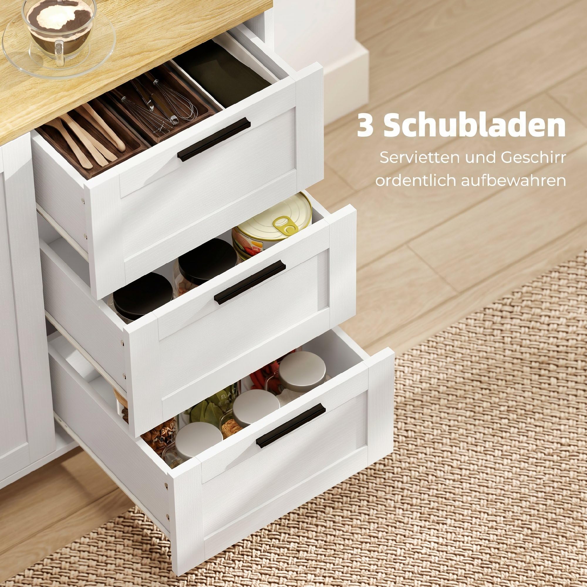 HOMCOM Sideboard Soft-Close-Türen, 3 Schubladen 120 x 38 x 76 cm Weiß