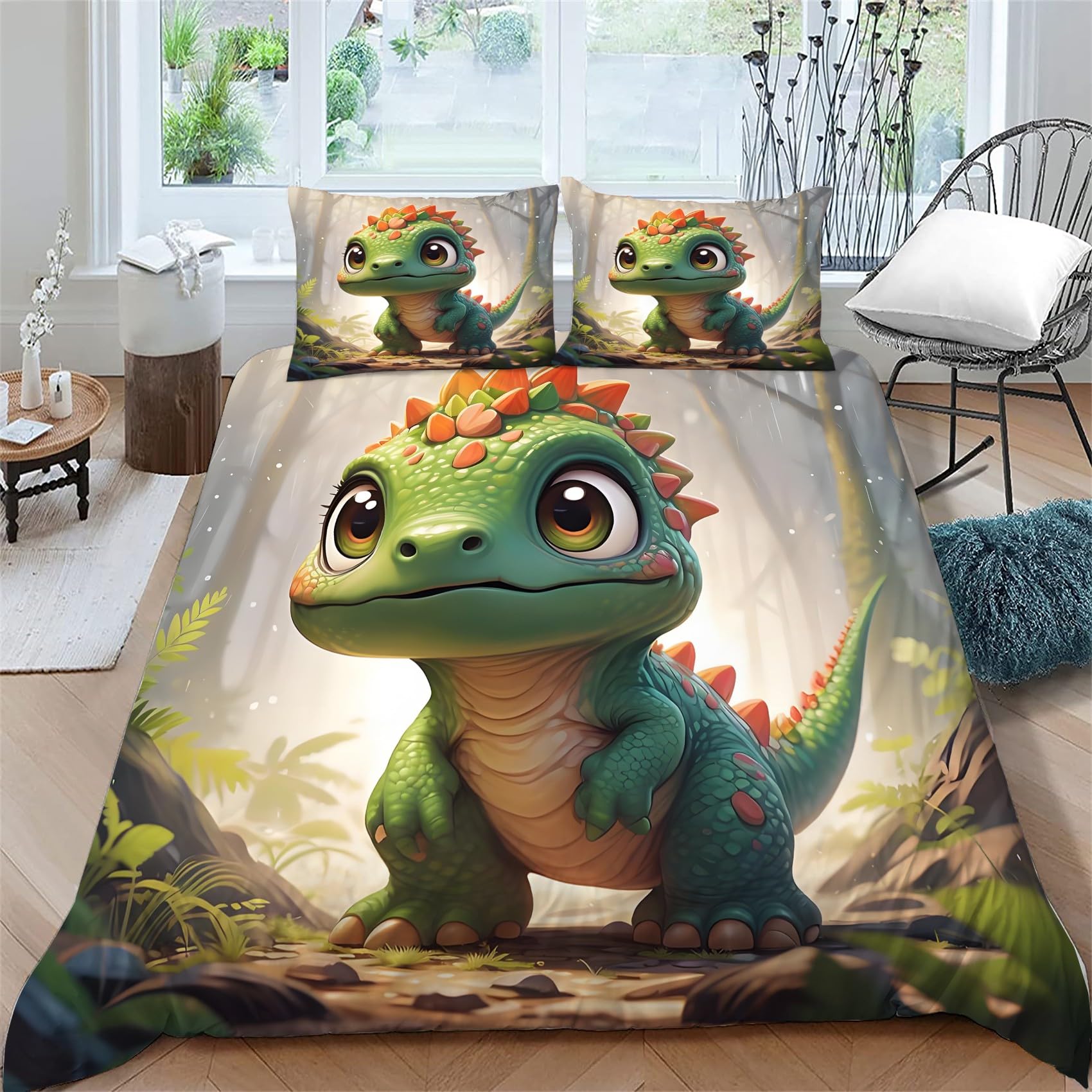 Zielony dinozaur Edredon poszewka 220 x 240 cm, zestaw pościeli roślin, 3-częściowy zestaw z miękkiej i oddychającej mikrofibry, 2 poszewki na poduszki 50 x 75 cm AN101